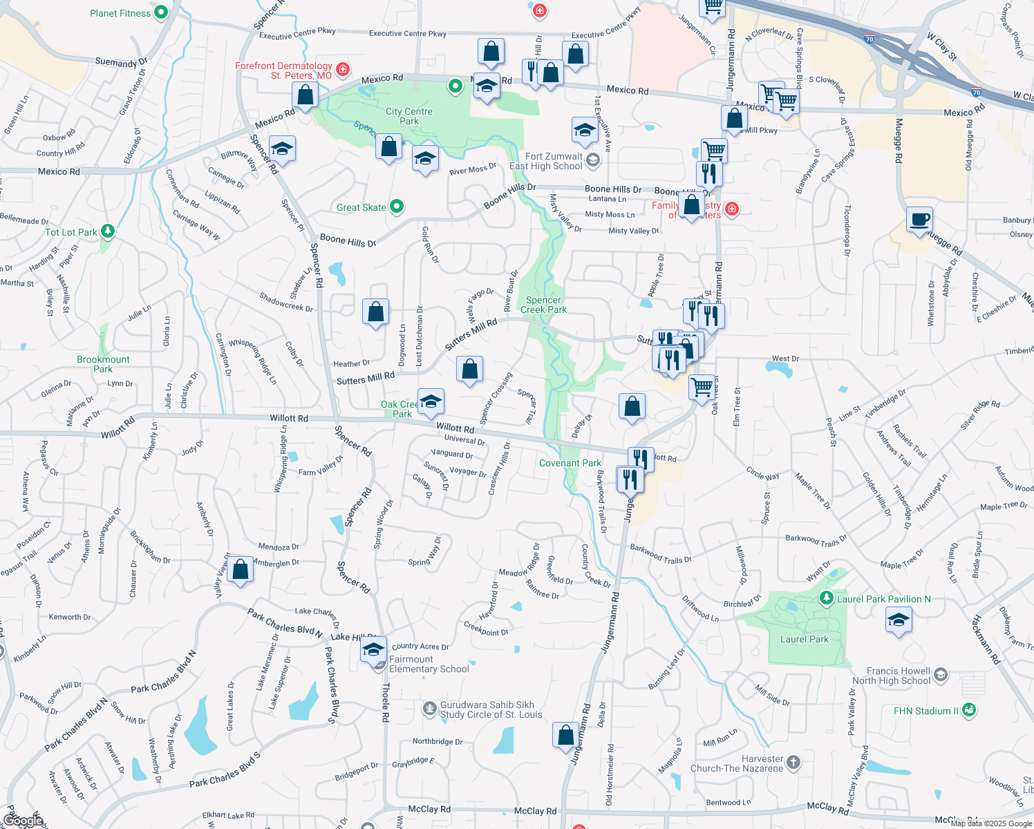 map of restaurants, bars, coffee shops, grocery stores, and more near 30 Last Chance Court in Saint Peters