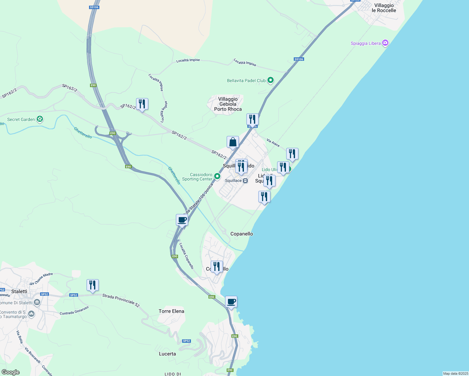map of restaurants, bars, coffee shops, grocery stores, and more near 491 Via delle Rose in Squillace Lido