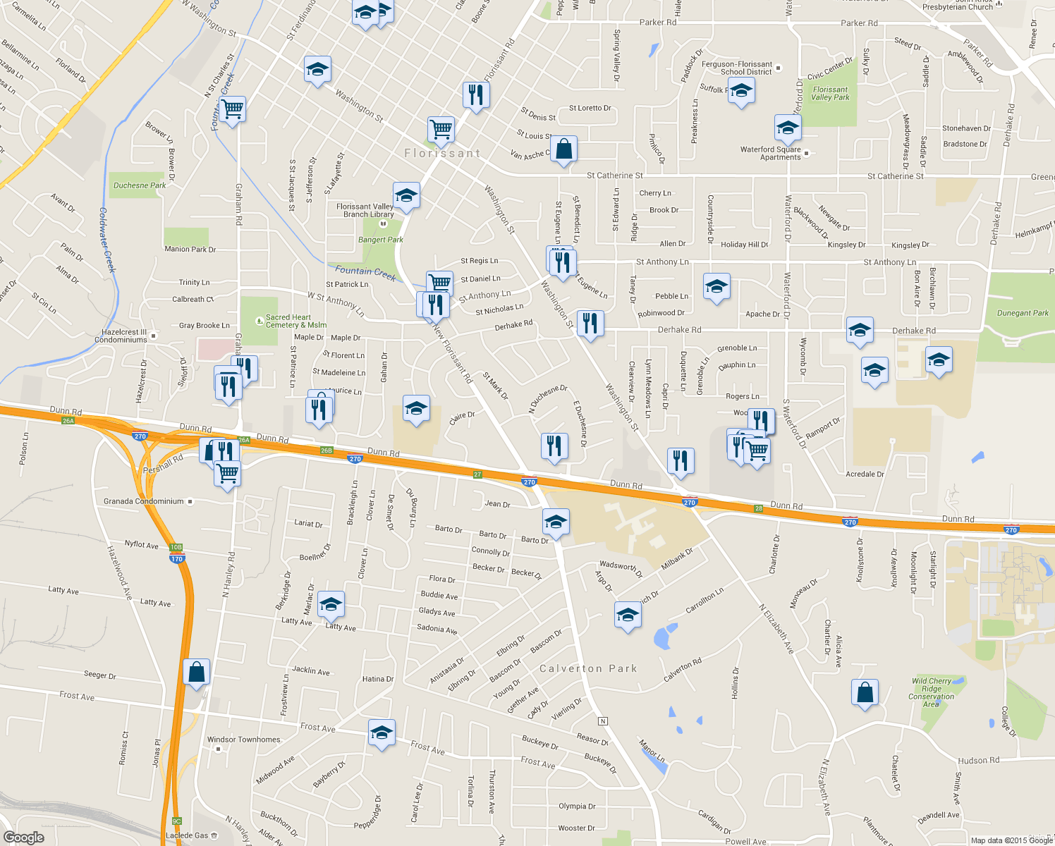 map of restaurants, bars, coffee shops, grocery stores, and more near 1415 West Duchesne Drive in Florissant
