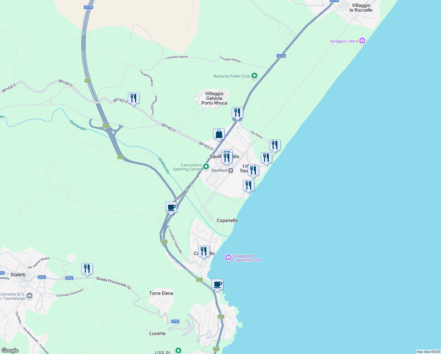 map of restaurants, bars, coffee shops, grocery stores, and more near 491 Via delle Rose in Squillace Lido