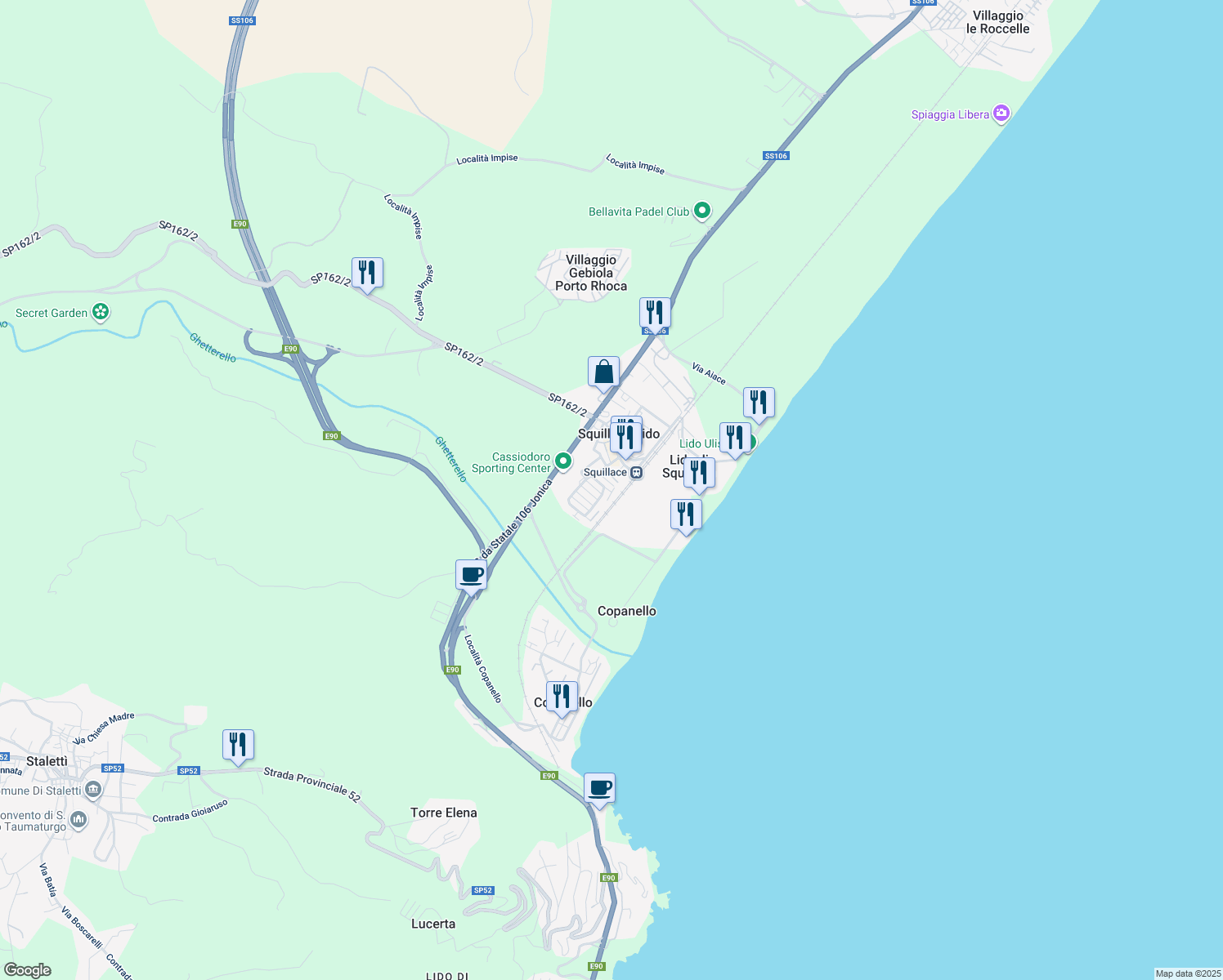map of restaurants, bars, coffee shops, grocery stores, and more near 491 Via delle Rose in Squillace Lido