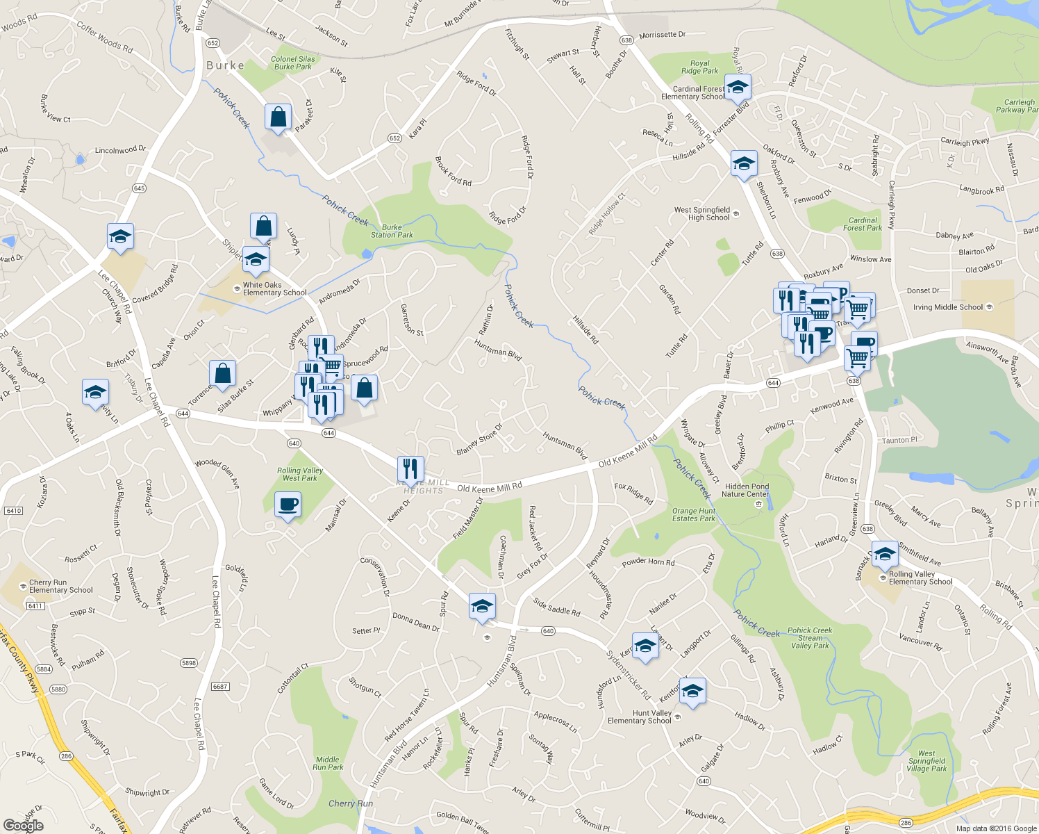 map of restaurants, bars, coffee shops, grocery stores, and more near 6430 Shannon Station Court in Springfield