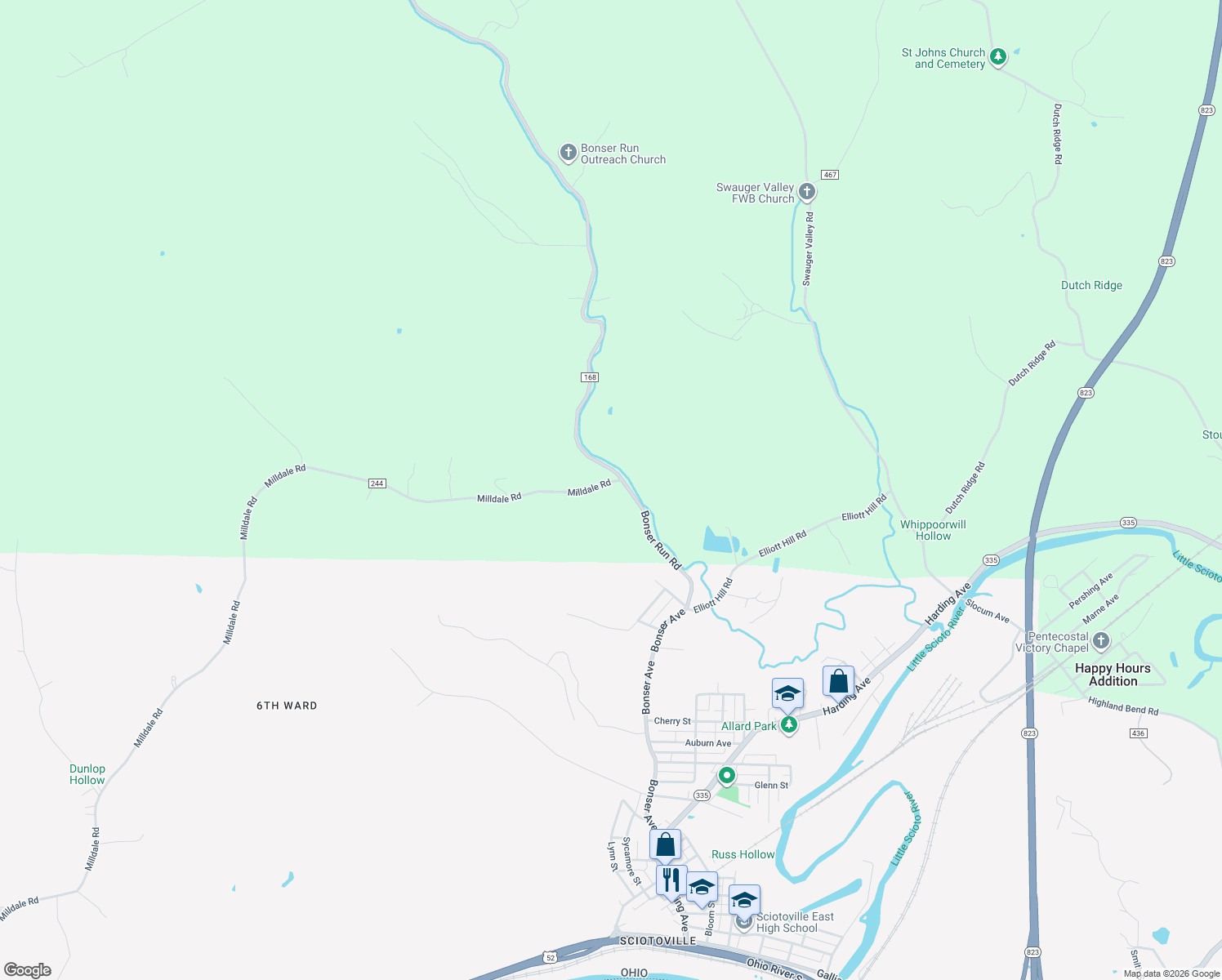 map of restaurants, bars, coffee shops, grocery stores, and more near 2694 Milldale Road in Portsmouth