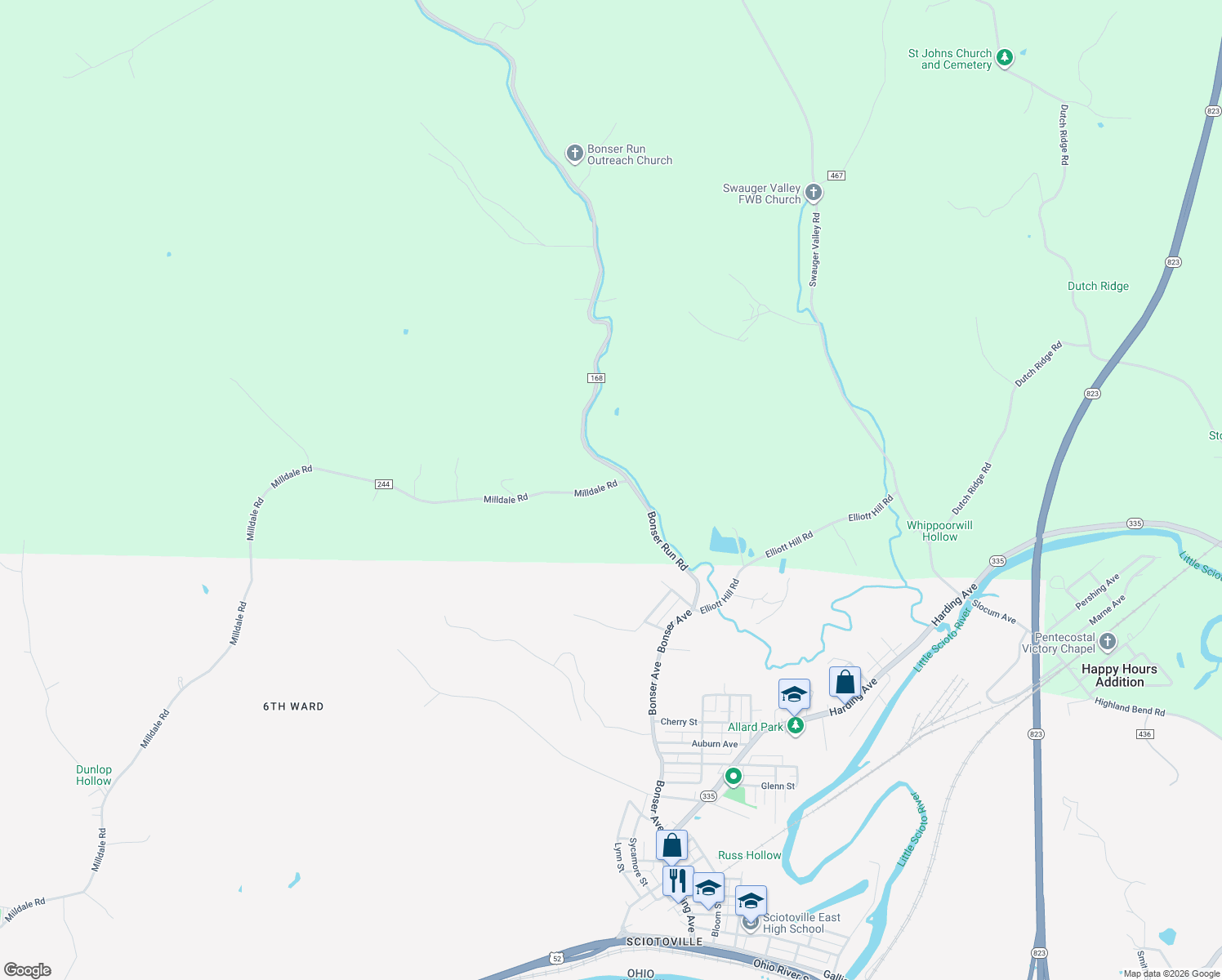 map of restaurants, bars, coffee shops, grocery stores, and more near 2694 Milldale Road in Portsmouth