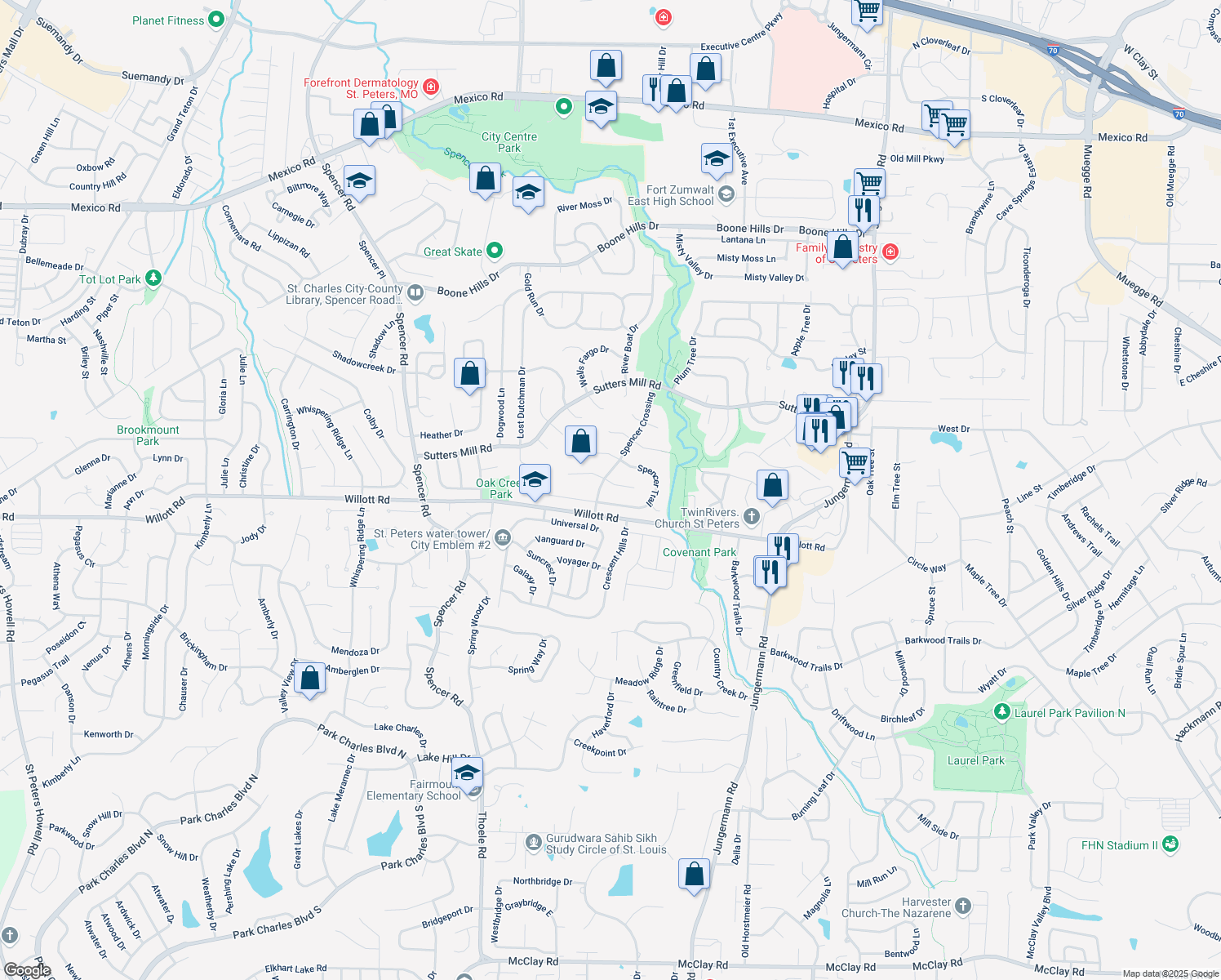 map of restaurants, bars, coffee shops, grocery stores, and more near 20 Last Chance Court in Saint Peters