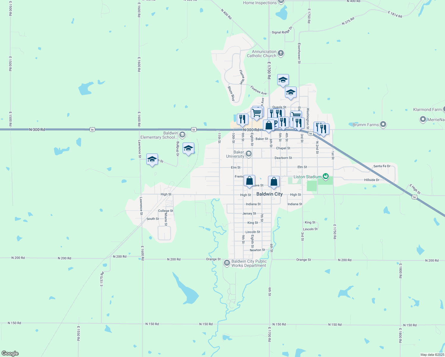 map of restaurants, bars, coffee shops, grocery stores, and more near 602 11th St in Baldwin City