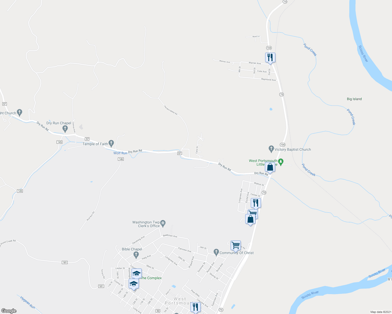 map of restaurants, bars, coffee shops, grocery stores, and more near 690 Dry Run Road in West Portsmouth