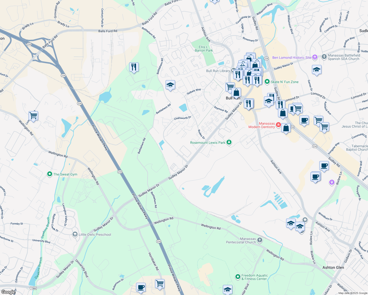 map of restaurants, bars, coffee shops, grocery stores, and more near 11231 Wortham Crest Cir in Manassas