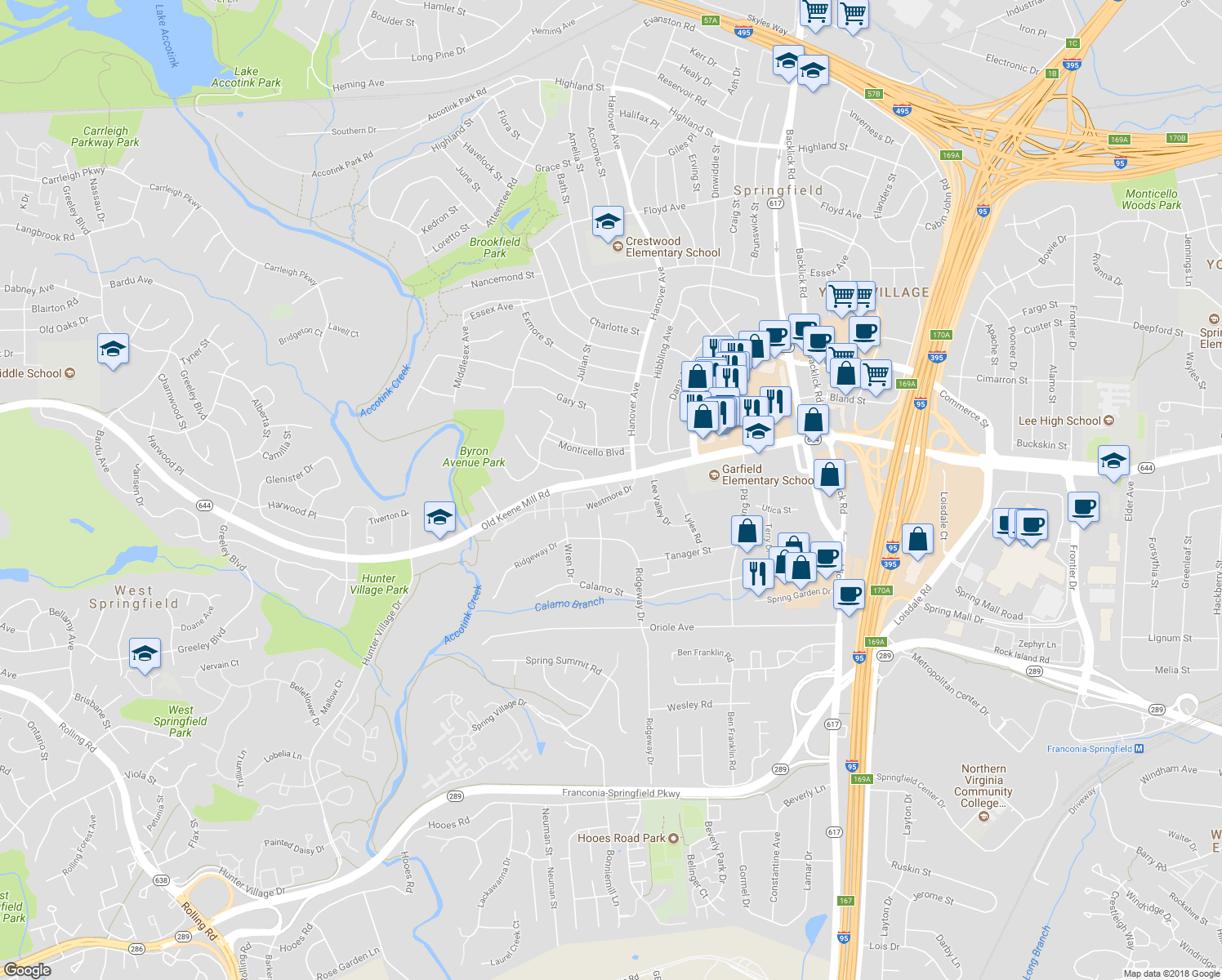 map of restaurants, bars, coffee shops, grocery stores, and more near 6509 Serenade Place in Springfield