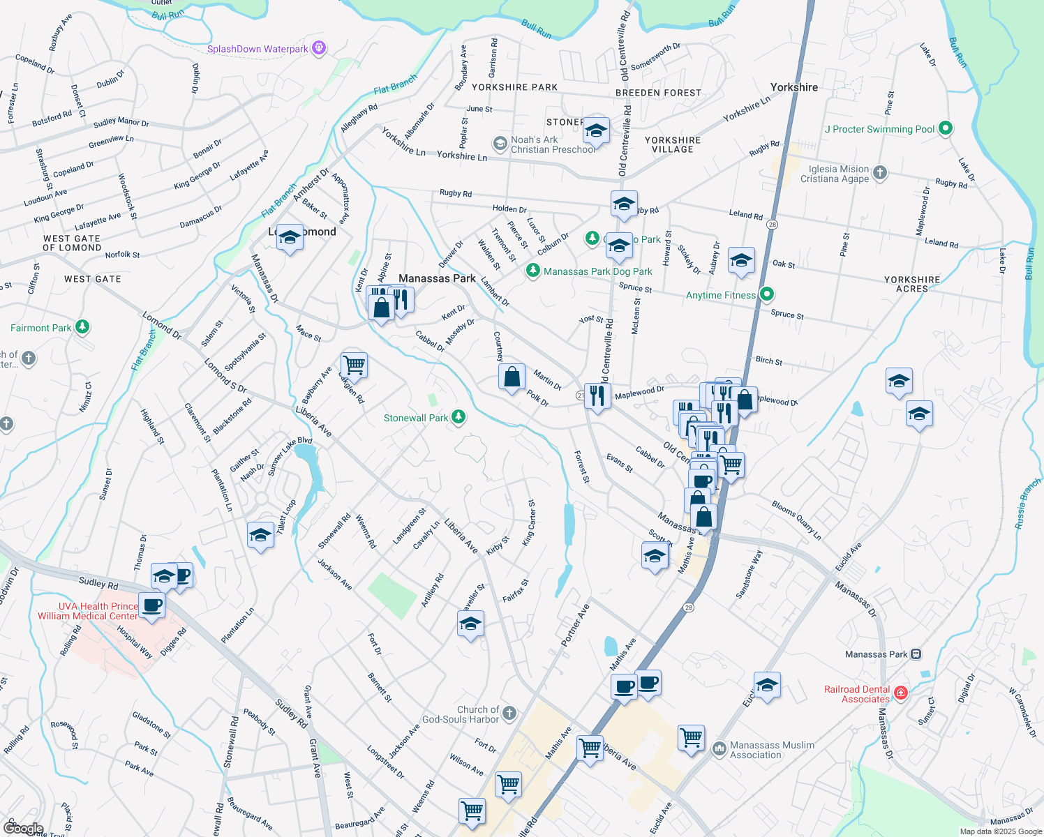 map of restaurants, bars, coffee shops, grocery stores, and more near 189 Cabbel Dr in Manassas Park