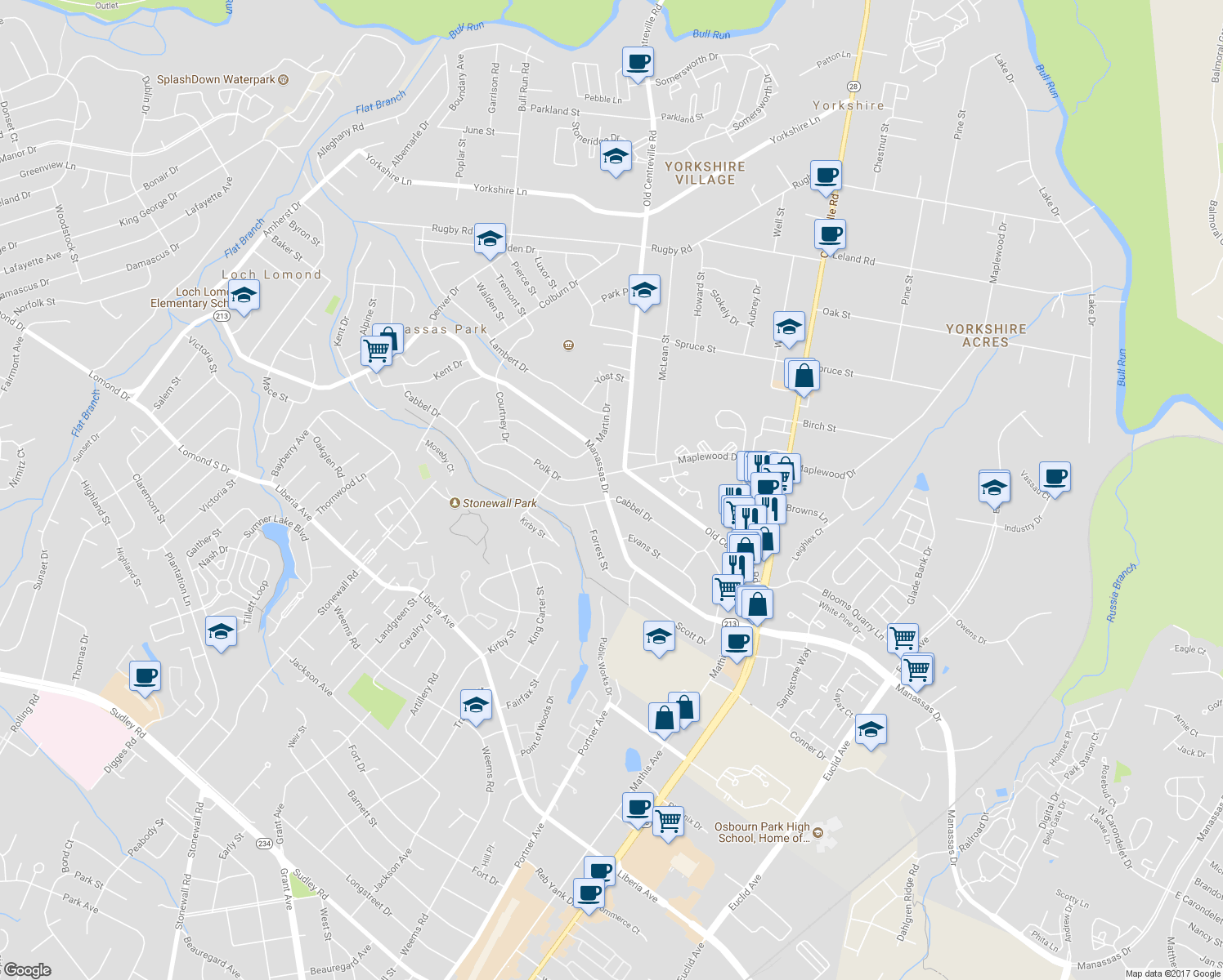 map of restaurants, bars, coffee shops, grocery stores, and more near 178 Manassas Drive in Manassas Park