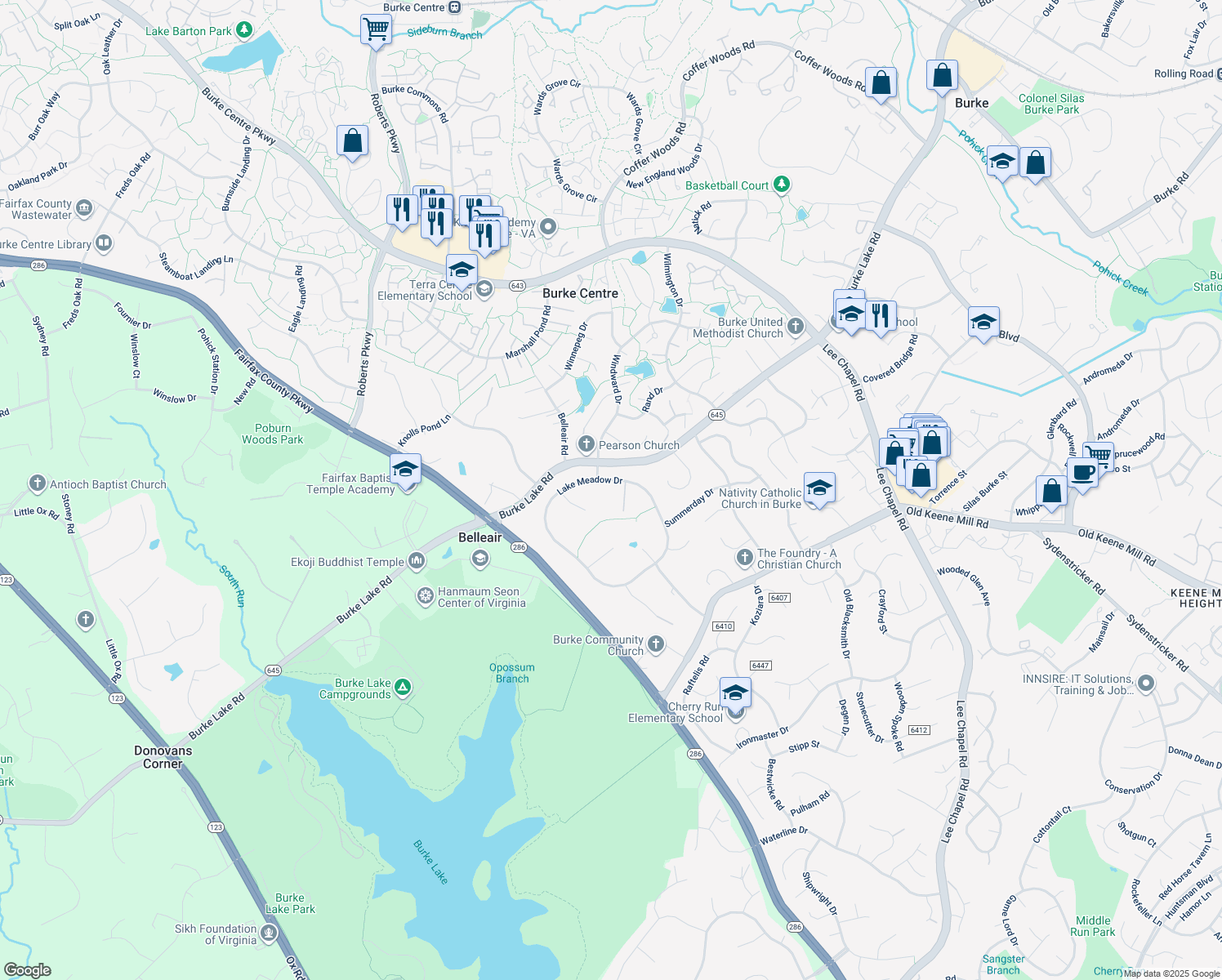 map of restaurants, bars, coffee shops, grocery stores, and more near 6475 Lake Meadow Drive in Burke