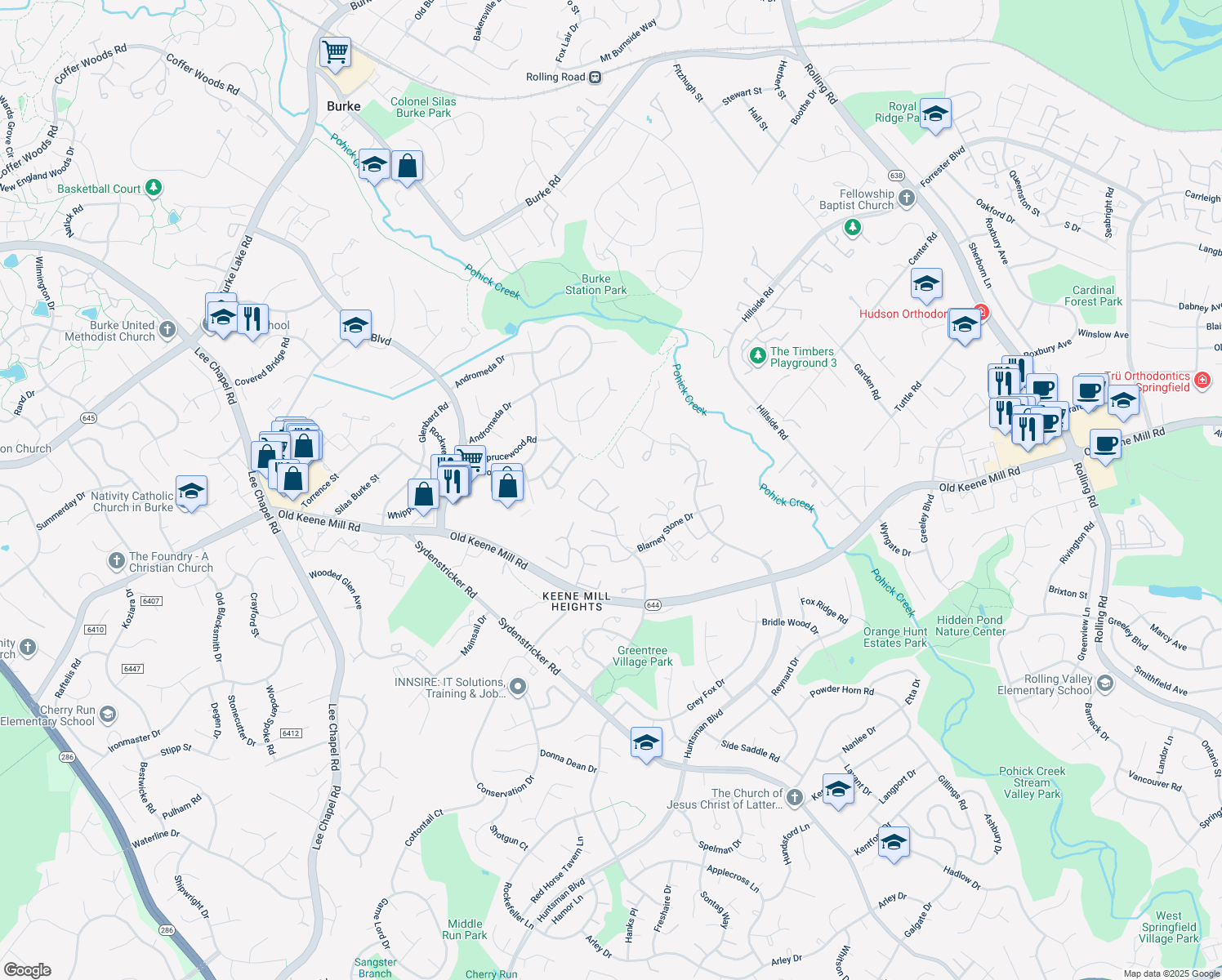 map of restaurants, bars, coffee shops, grocery stores, and more near 9072 Tiffany Park Court in Springfield