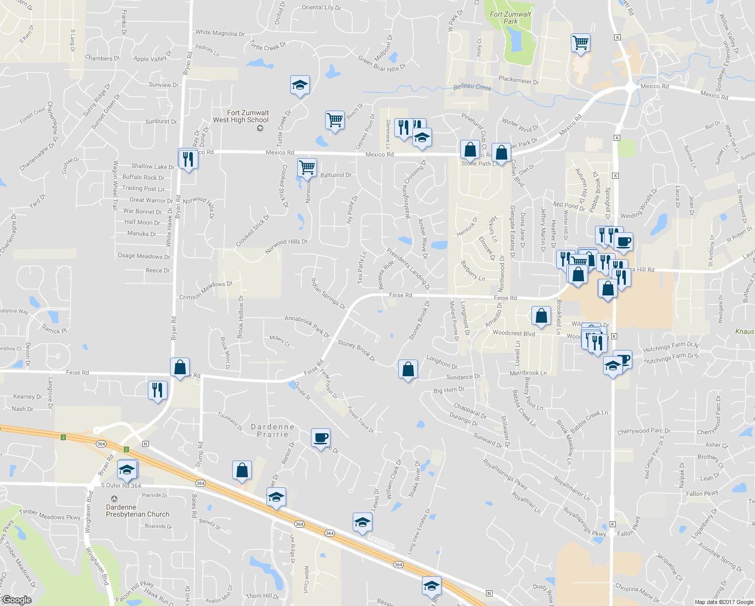 map of restaurants, bars, coffee shops, grocery stores, and more near 1 Brookhurst Court in O'Fallon