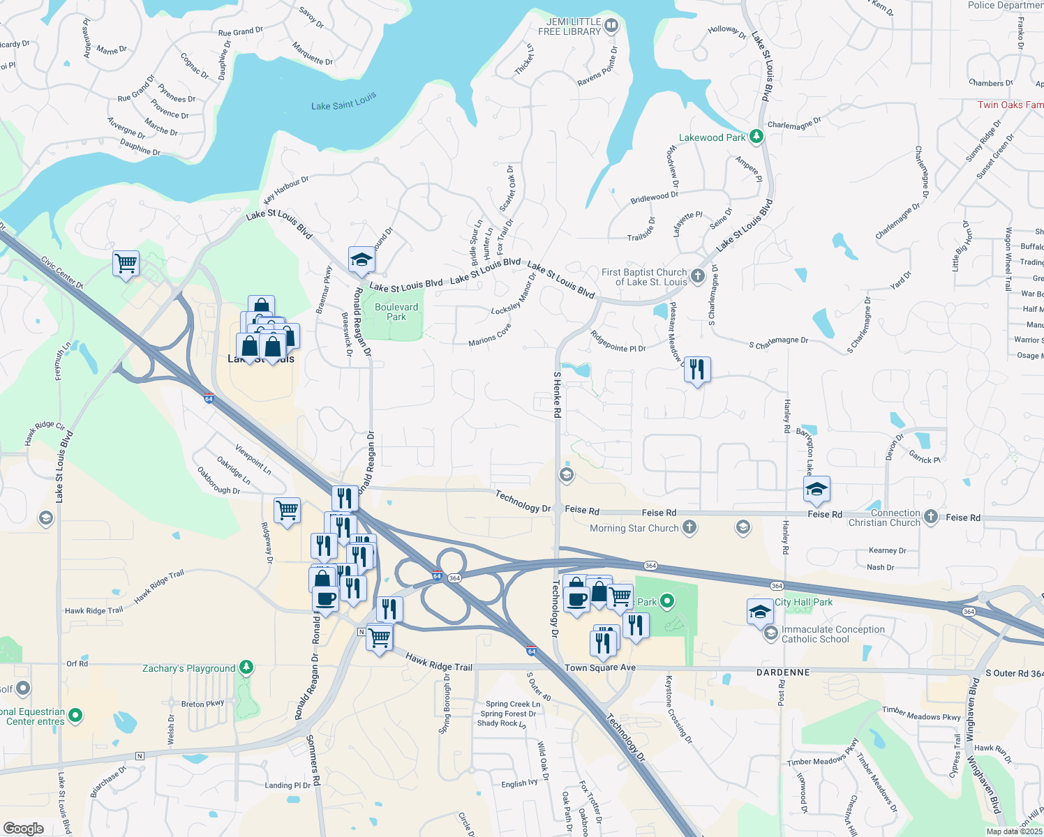 map of restaurants, bars, coffee shops, grocery stores, and more near 827 Honeywood Drive in Lake Saint Louis