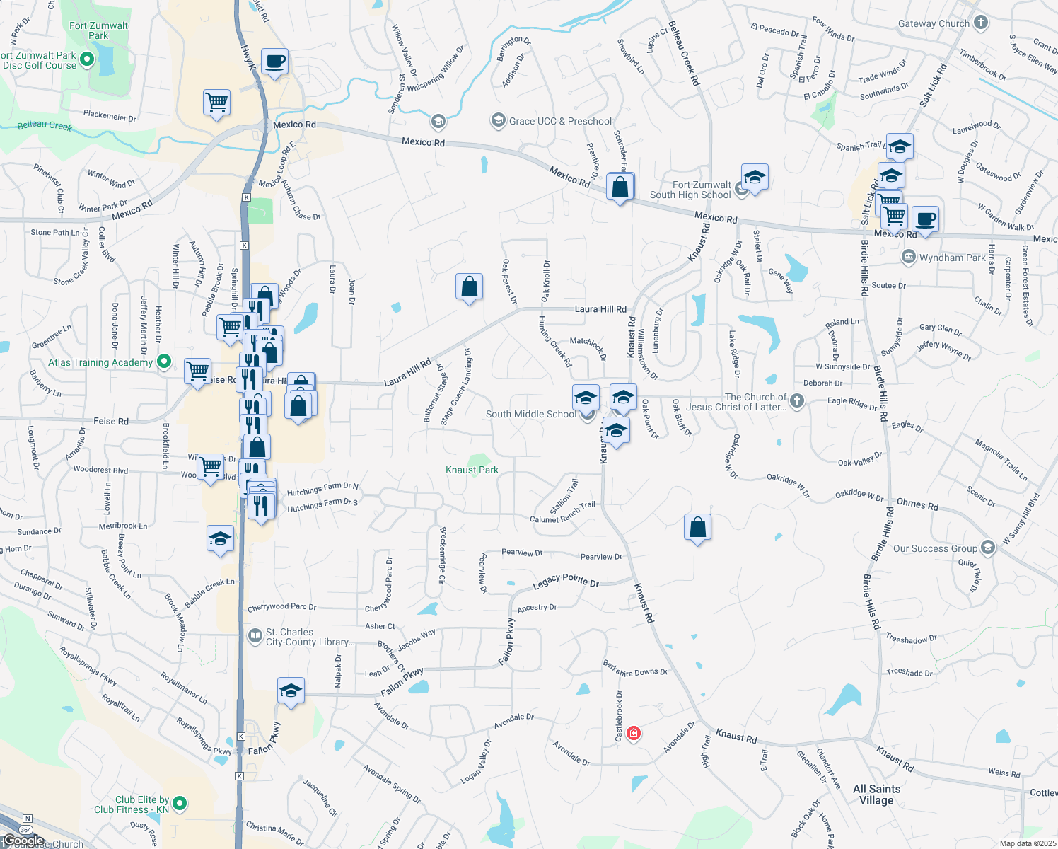 map of restaurants, bars, coffee shops, grocery stores, and more near 220 Equestrian Downs Drive in St. Peters