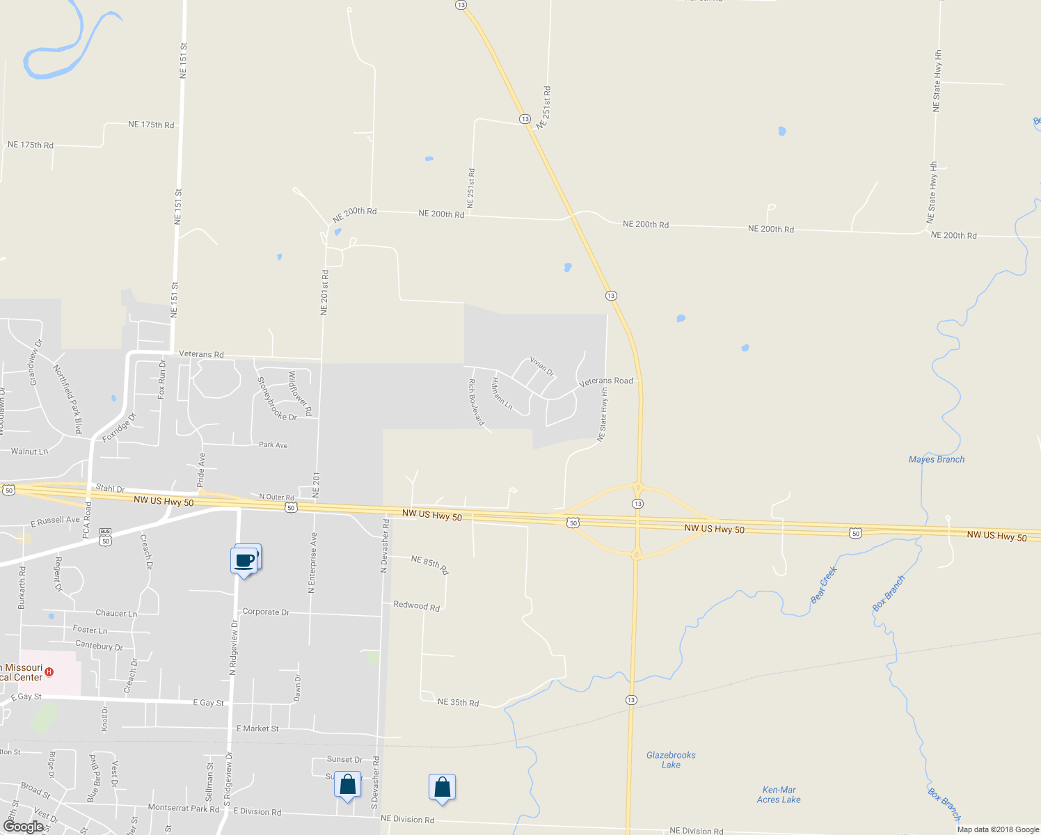 map of restaurants, bars, coffee shops, grocery stores, and more near 1214 Hillmann Lane in Warrensburg
