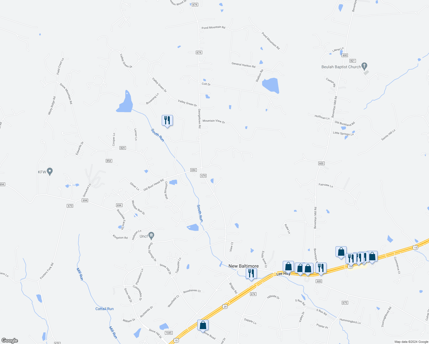 map of restaurants, bars, coffee shops, grocery stores, and more near 5409 Flintstone Lane in Broad Run