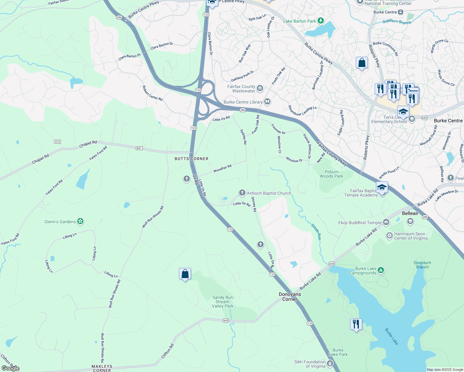 map of restaurants, bars, coffee shops, grocery stores, and more near 10901 Olm Dr in Fairfax Station