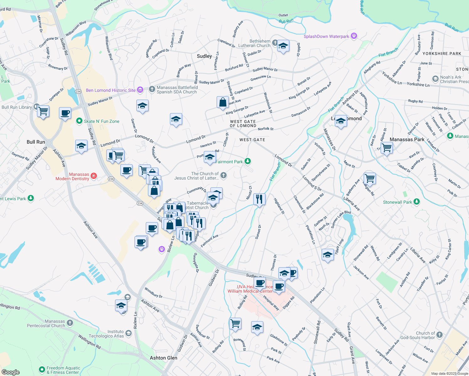 map of restaurants, bars, coffee shops, grocery stores, and more near 8209 Spruance Court in Manassas