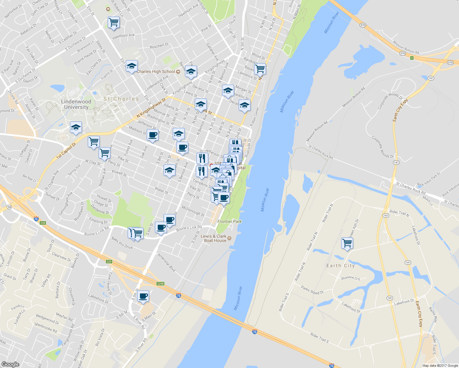 map of restaurants, bars, coffee shops, grocery stores, and more near 336 South Main Street in St. Charles