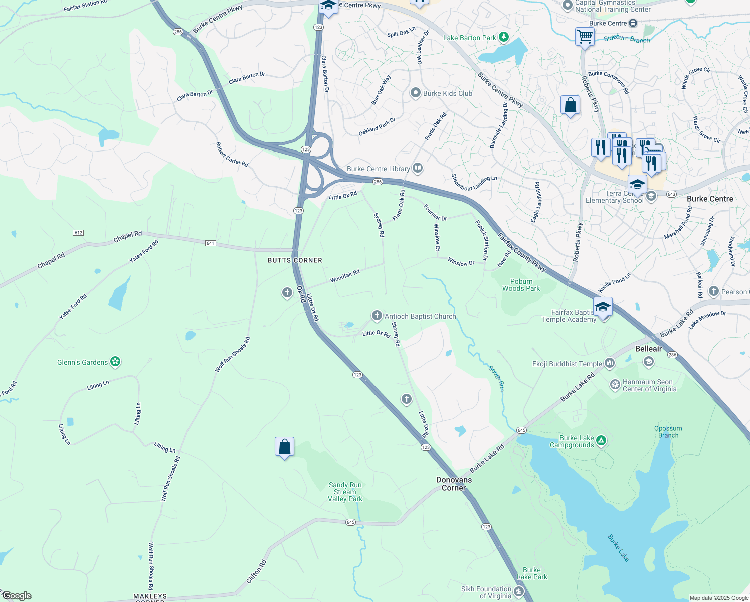 map of restaurants, bars, coffee shops, grocery stores, and more near 10825 Olm Drive in Fairfax Station