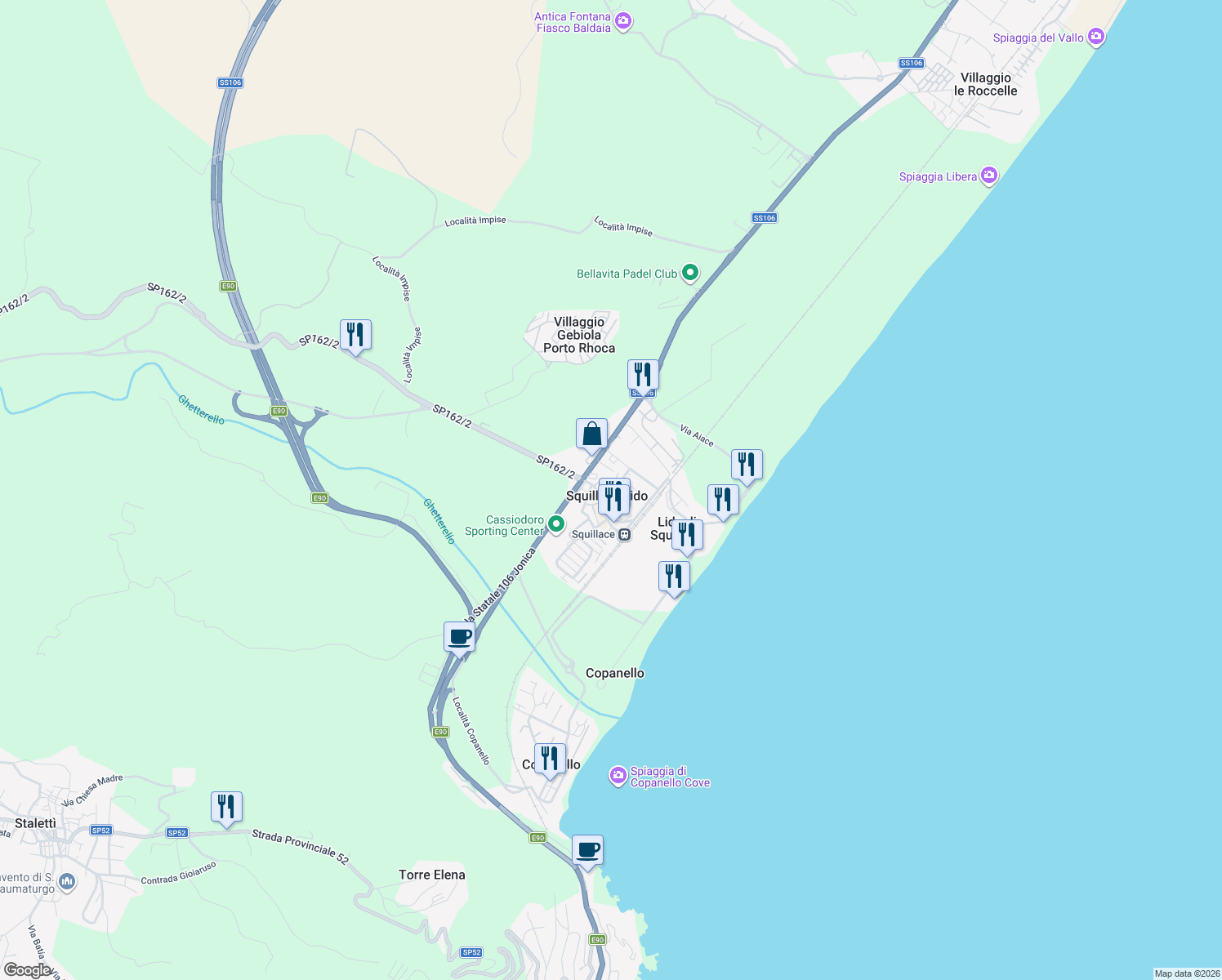 map of restaurants, bars, coffee shops, grocery stores, and more near in Squillace Lido