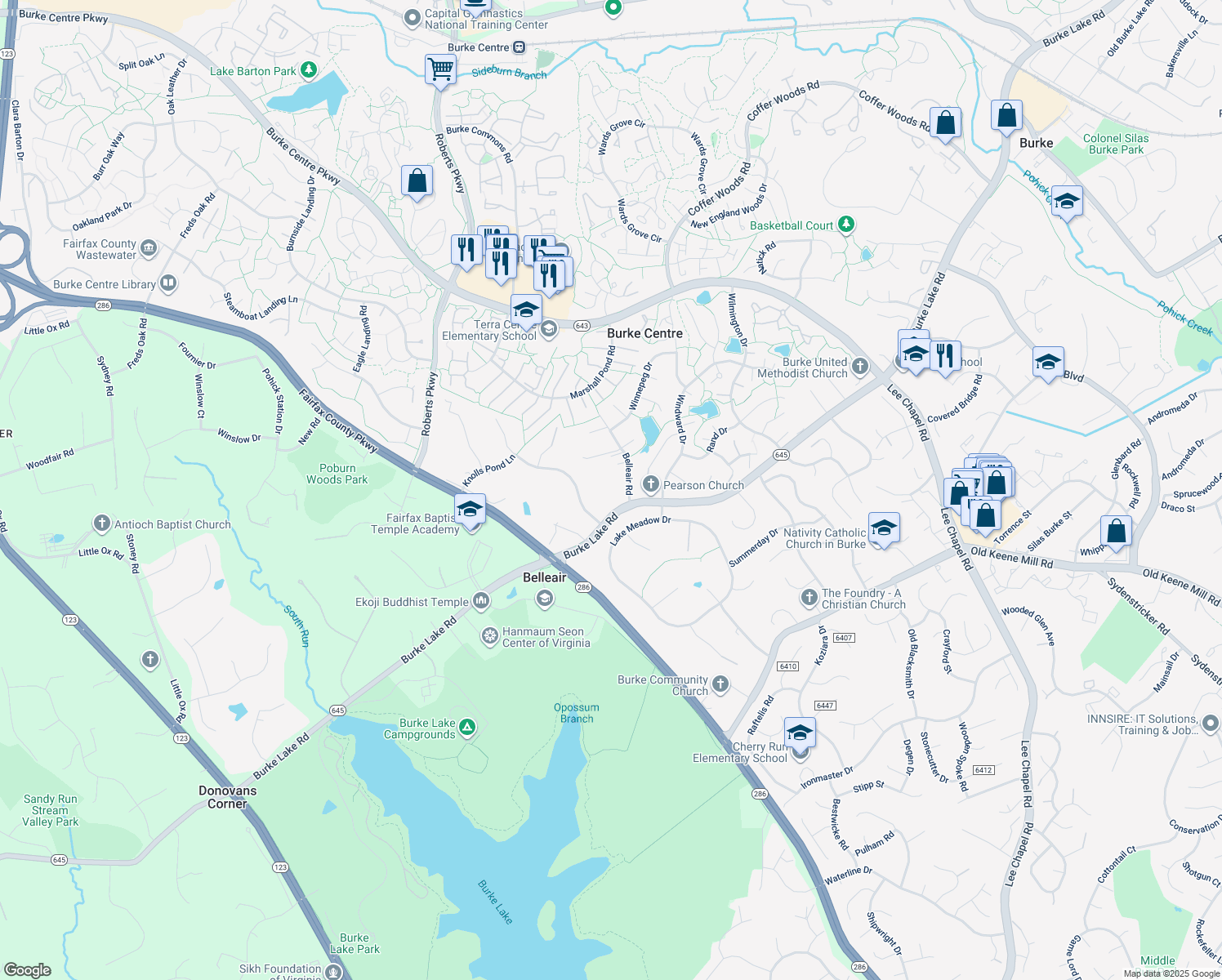 map of restaurants, bars, coffee shops, grocery stores, and more near 6312 Belleair Road in Burke