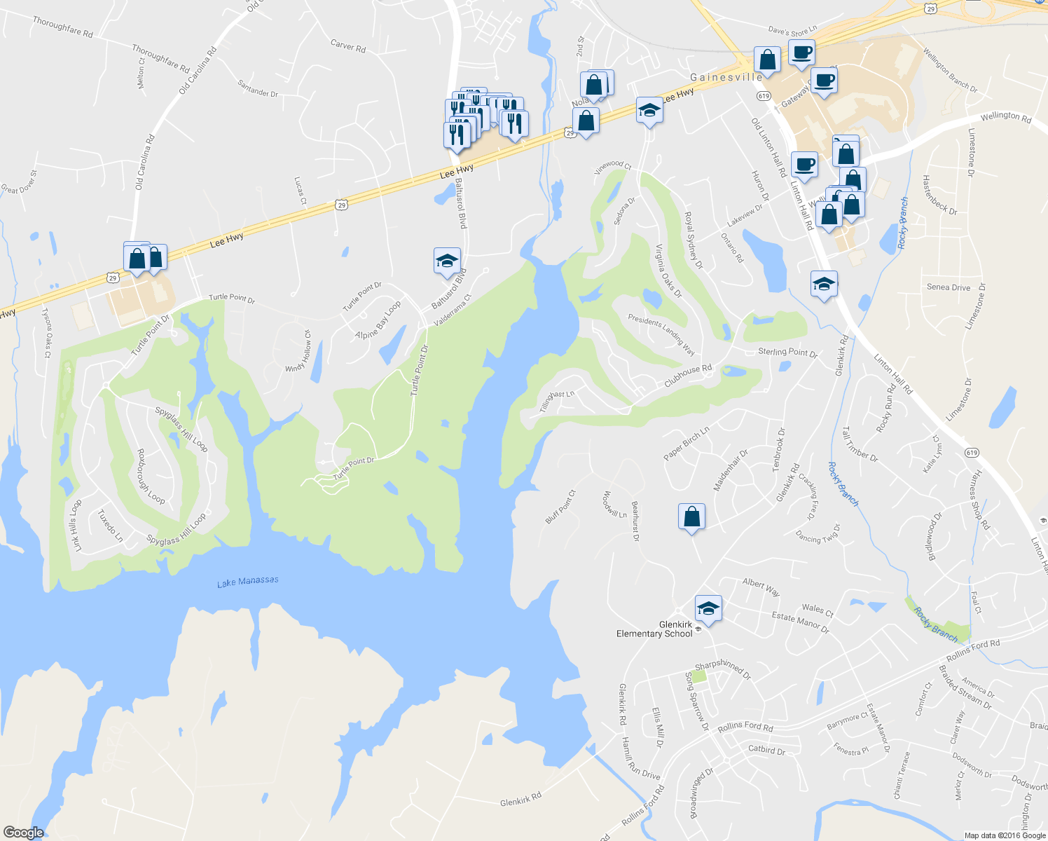map of restaurants, bars, coffee shops, grocery stores, and more near 8201 Tillinghast Lane in Gainesville