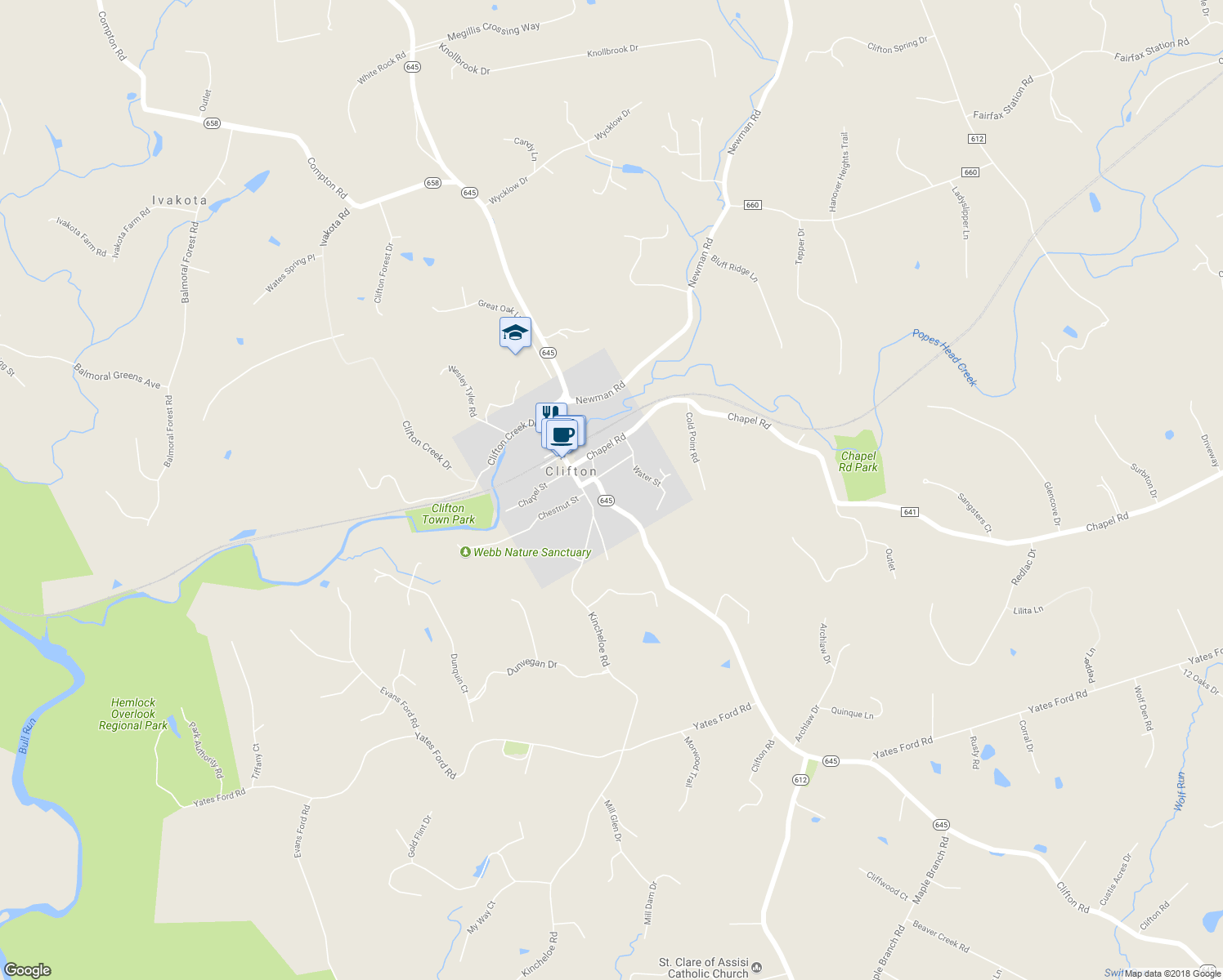 map of restaurants, bars, coffee shops, grocery stores, and more near 7169 Clifton Road in Clifton