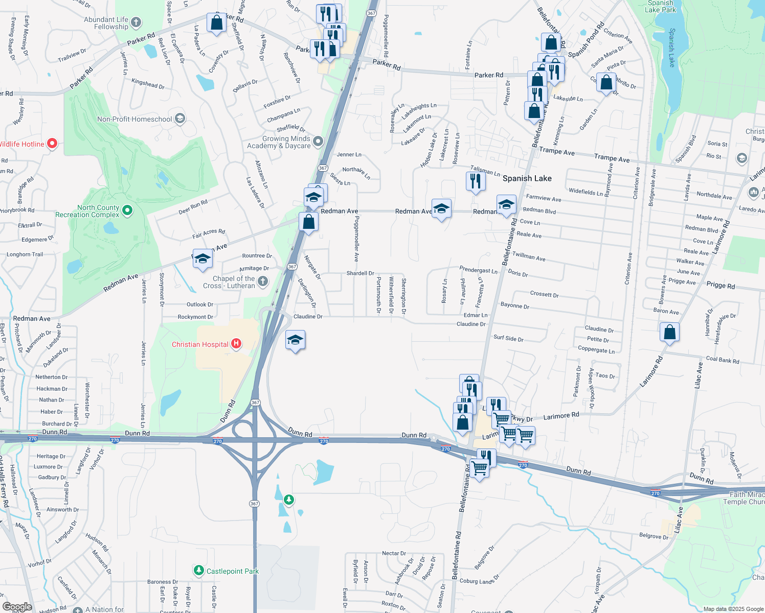map of restaurants, bars, coffee shops, grocery stores, and more near 11516 Portsmouth Drive in Saint Louis