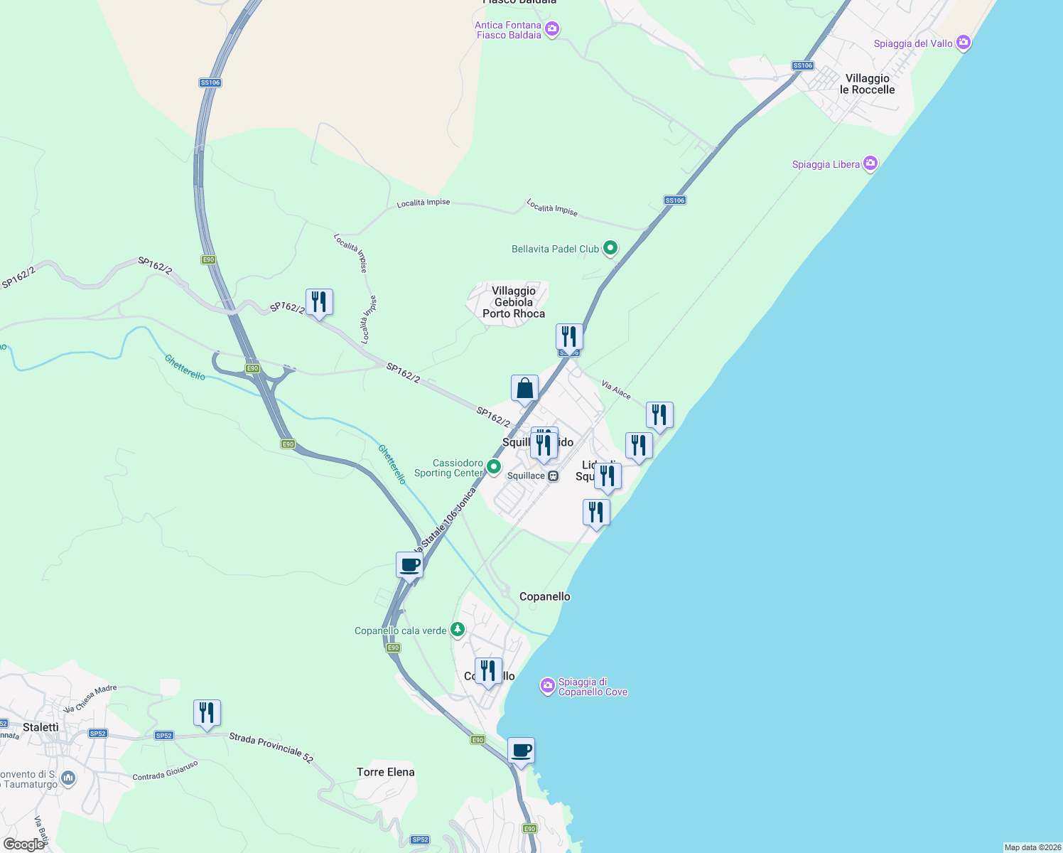 map of restaurants, bars, coffee shops, grocery stores, and more near in Squillace Lido