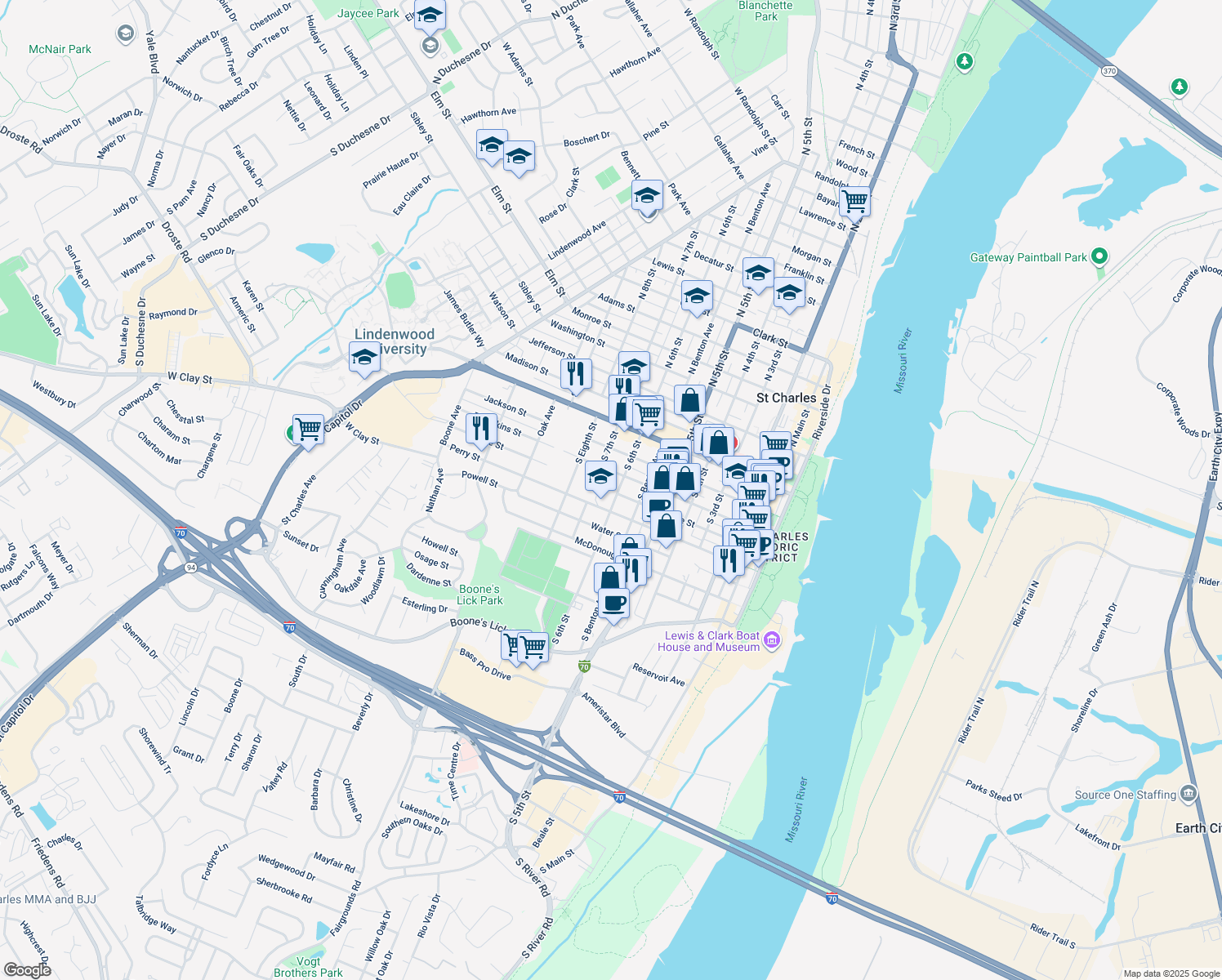 map of restaurants, bars, coffee shops, grocery stores, and more near 525 South 6th Street in St. Charles