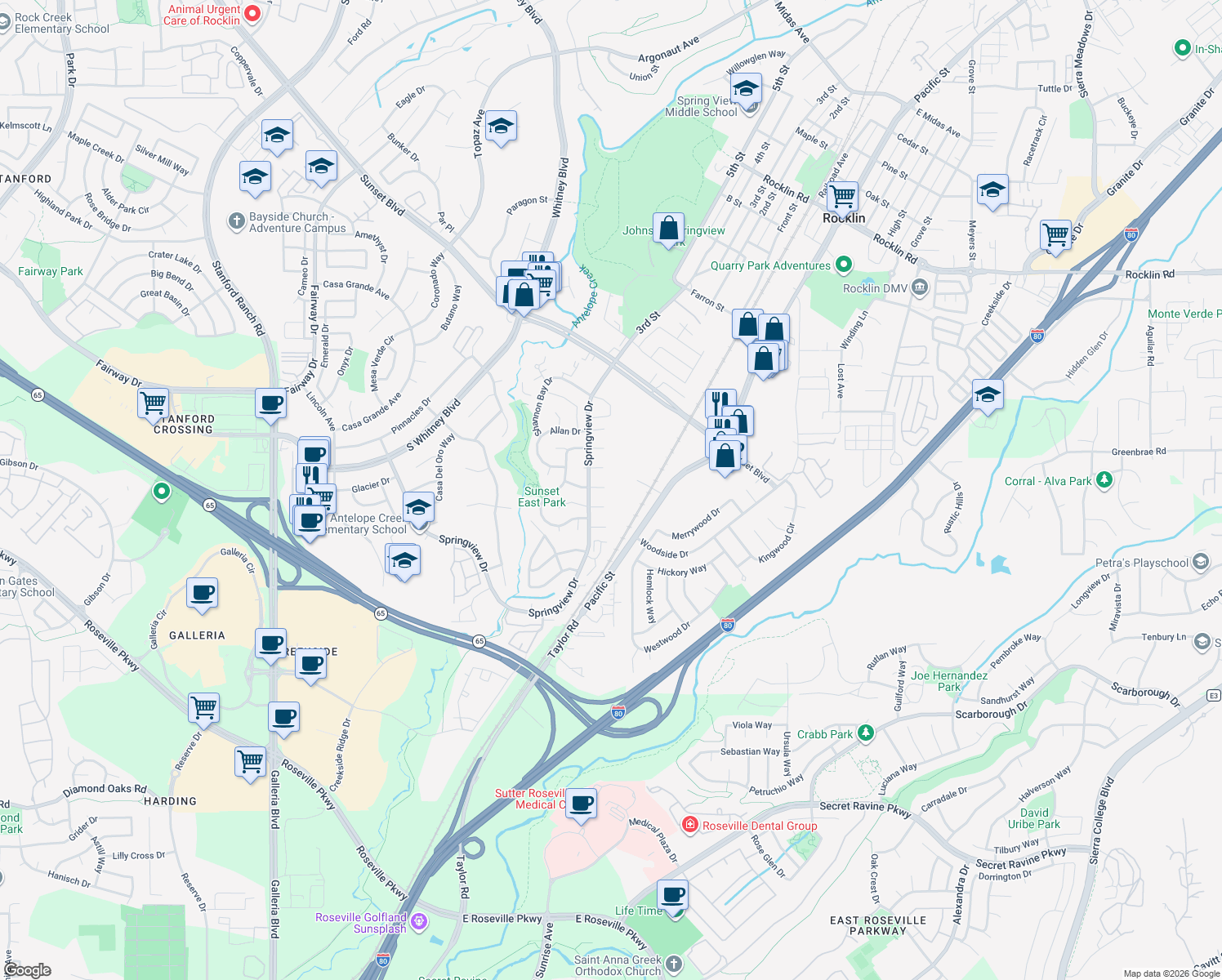 map of restaurants, bars, coffee shops, grocery stores, and more near 5524 Woodbridge Court in Rocklin