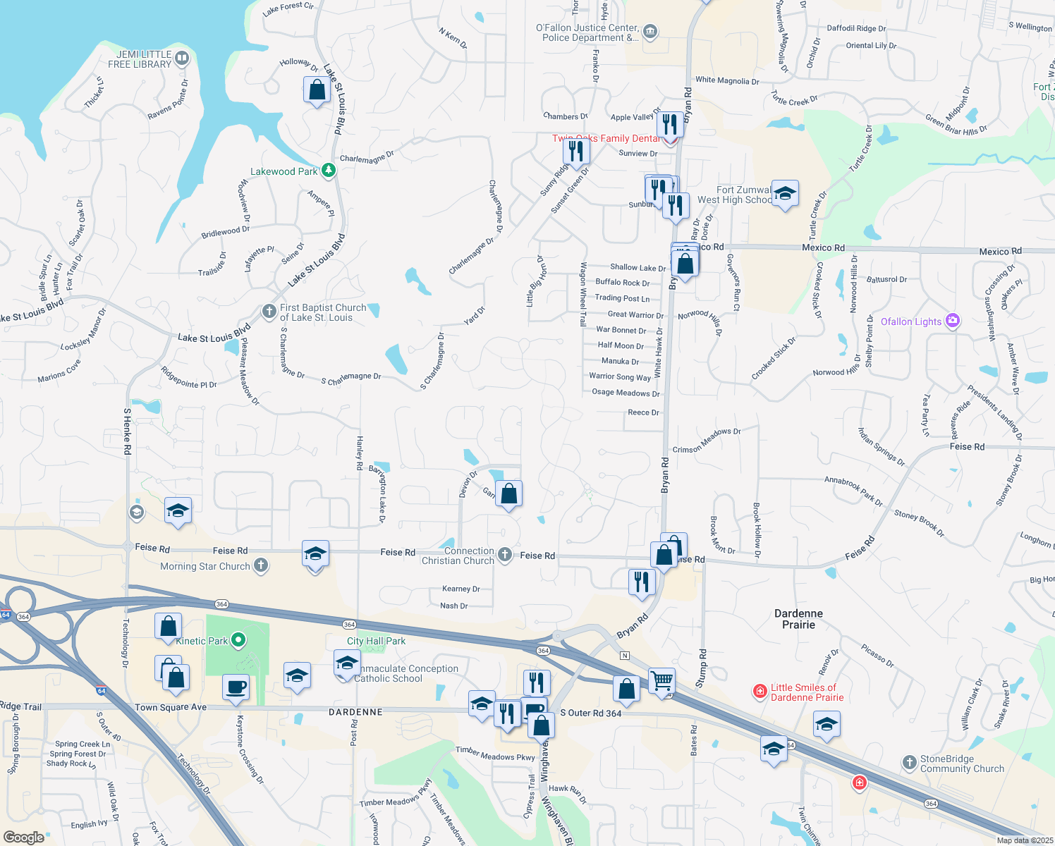 map of restaurants, bars, coffee shops, grocery stores, and more near 918 Hampshire Heath Drive in O'Fallon