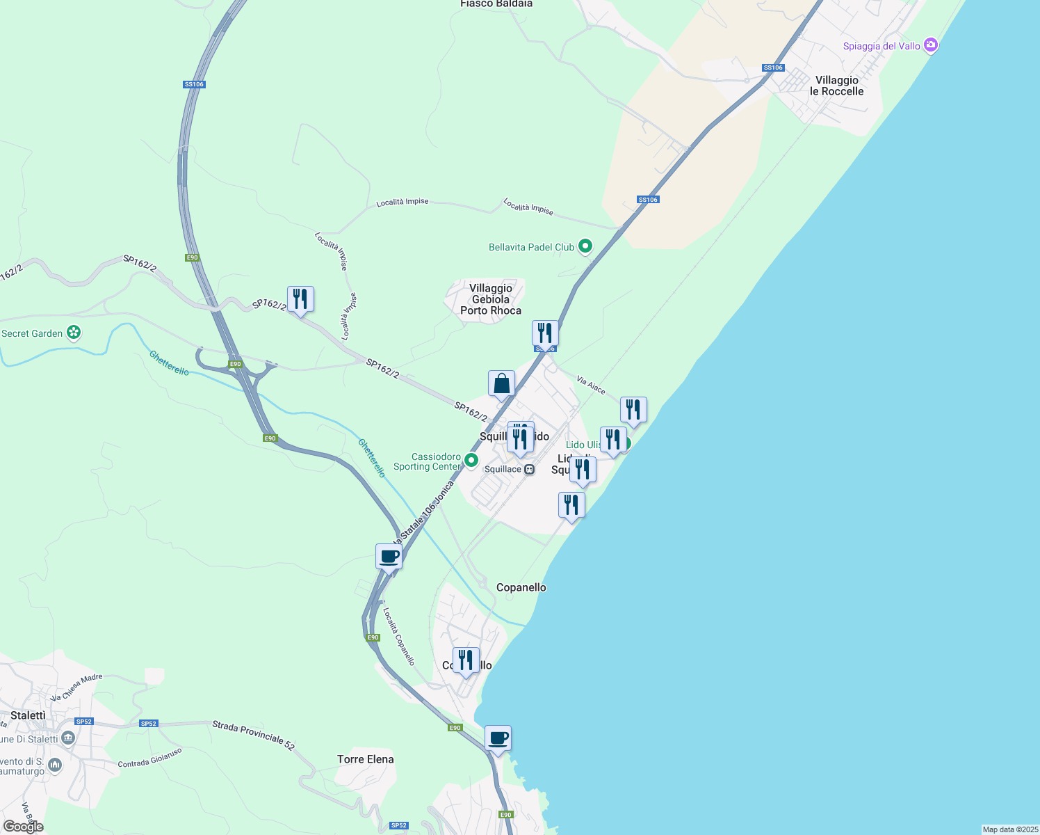 map of restaurants, bars, coffee shops, grocery stores, and more near 51 Via Laerte in Squillace Lido