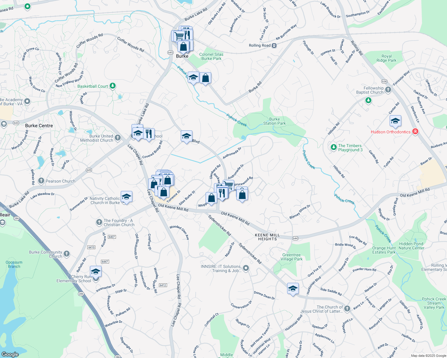map of restaurants, bars, coffee shops, grocery stores, and more near 6312 Shiplett Boulevard in Burke