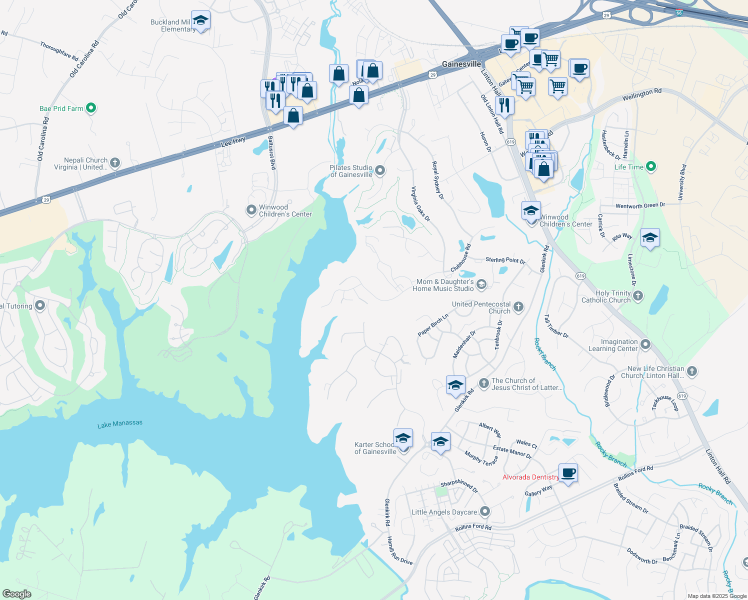 map of restaurants, bars, coffee shops, grocery stores, and more near 14413 Clubhouse Road in Gainesville