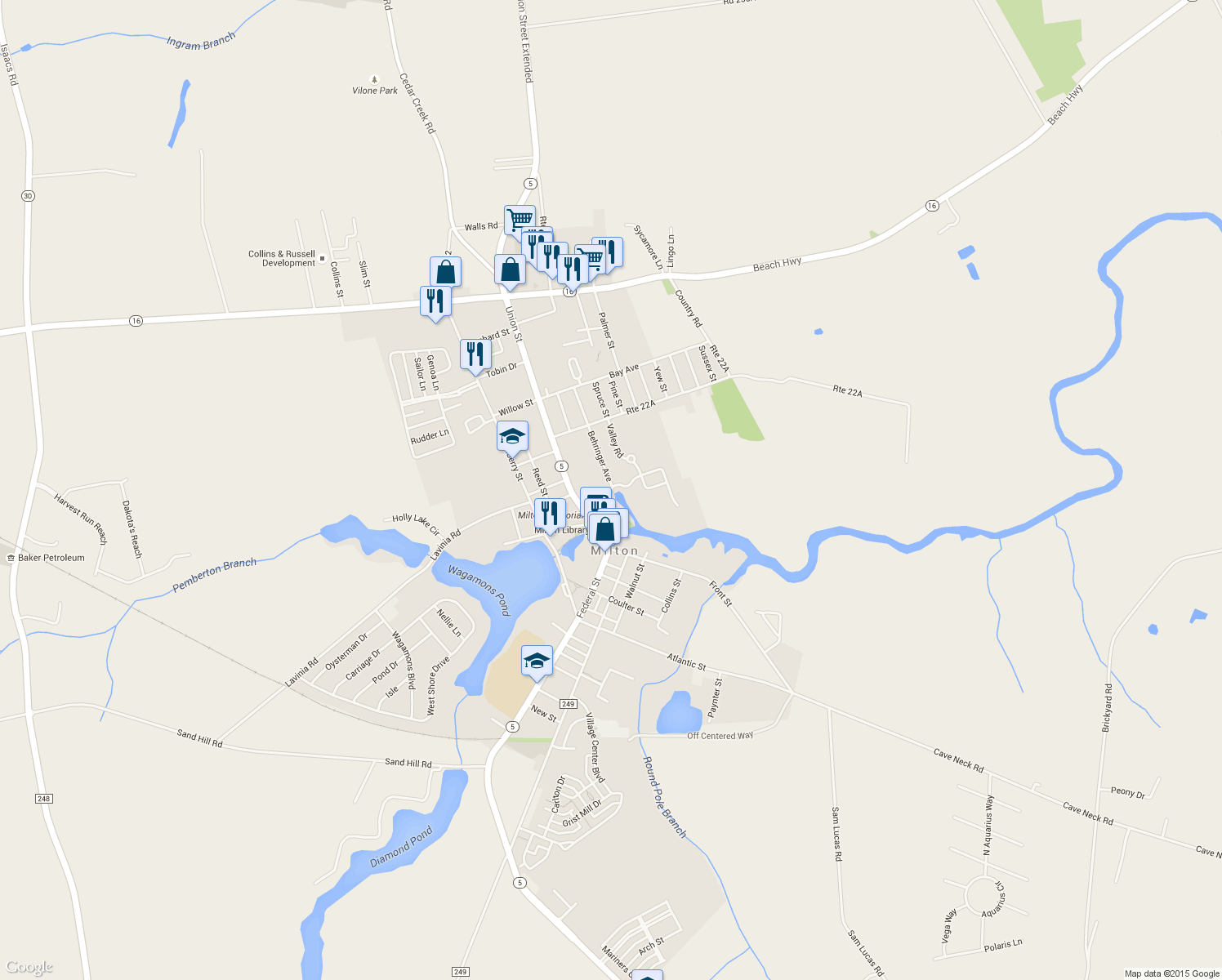 map of restaurants, bars, coffee shops, grocery stores, and more near 212 Chandler Street in Milton