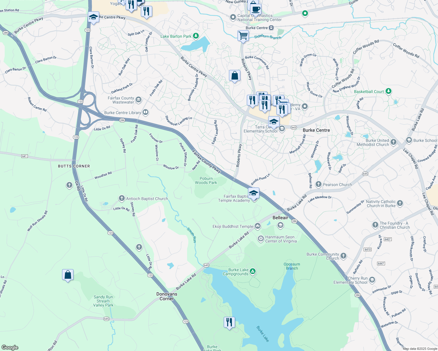 map of restaurants, bars, coffee shops, grocery stores, and more near 6319 Wendy Ann Court in Fairfax Station