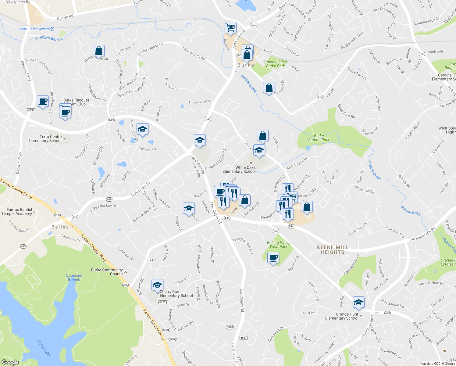 map of restaurants, bars, coffee shops, grocery stores, and more near 9520 Orion Court in Burke