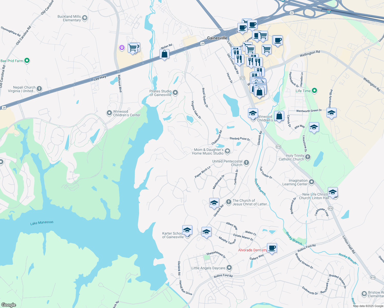map of restaurants, bars, coffee shops, grocery stores, and more near 14257 Clubhouse Road in Gainesville