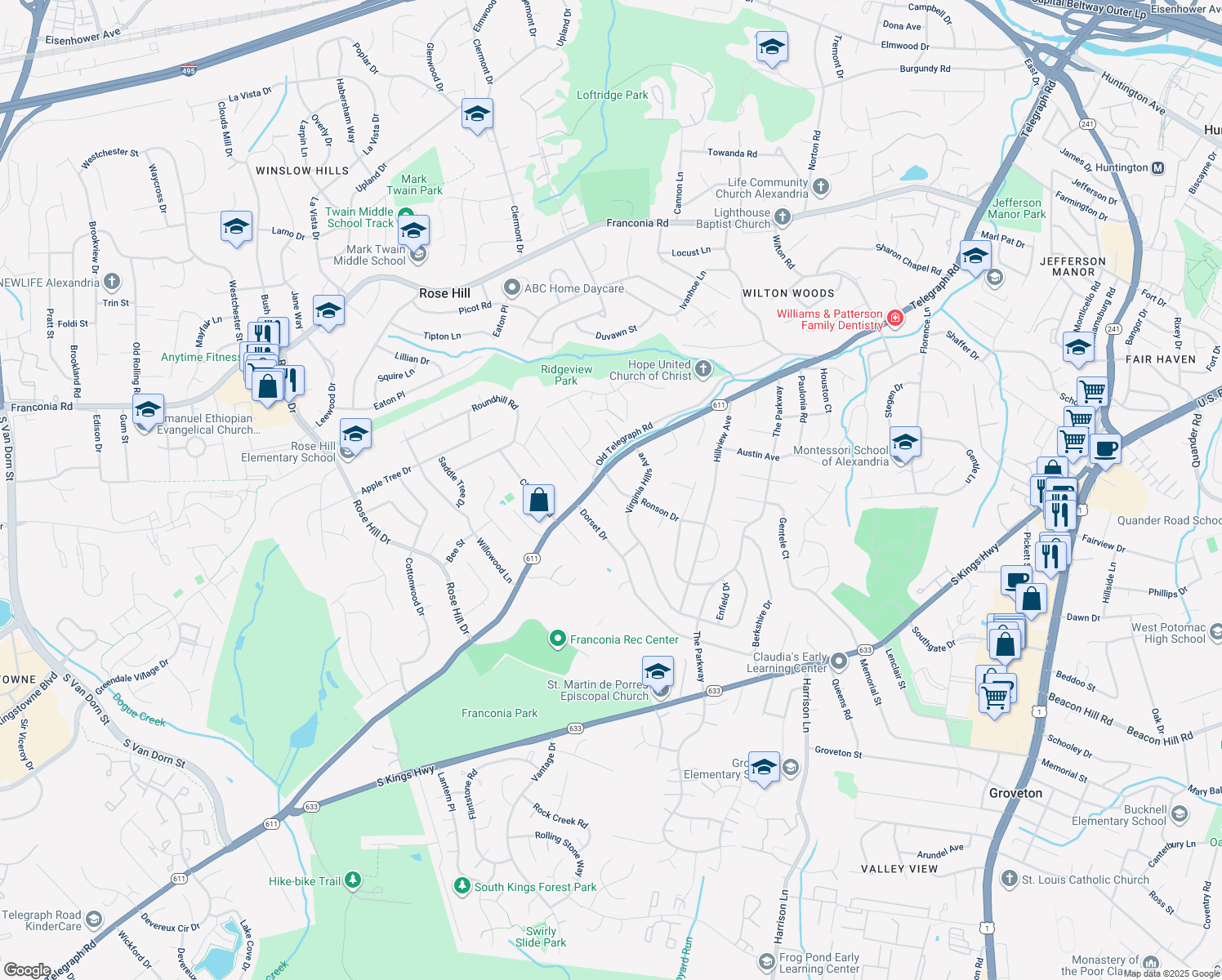 map of restaurants, bars, coffee shops, grocery stores, and more near 4107 Ronson Drive in Alexandria