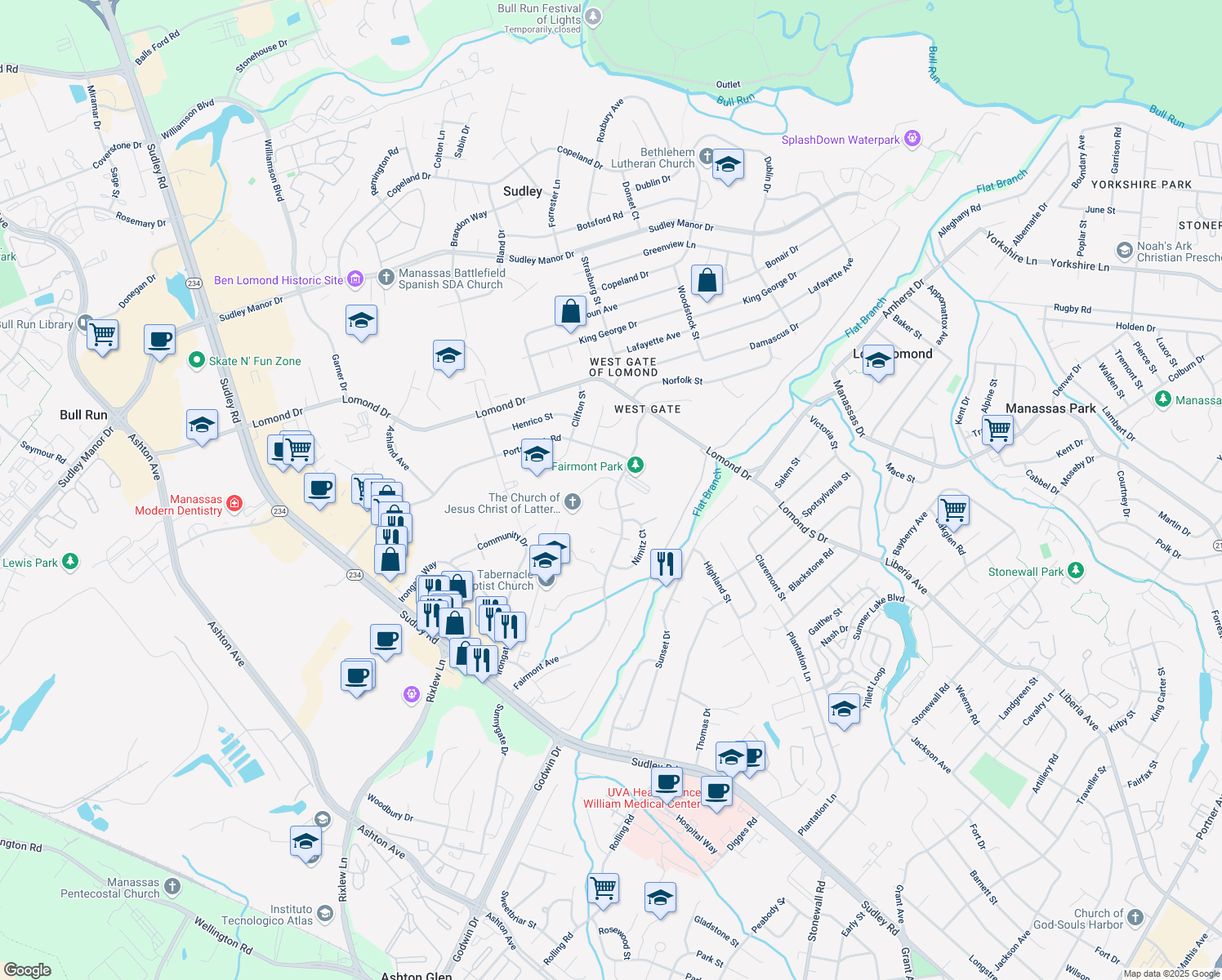 map of restaurants, bars, coffee shops, grocery stores, and more near 9810 Fairmont Avenue in Manassas
