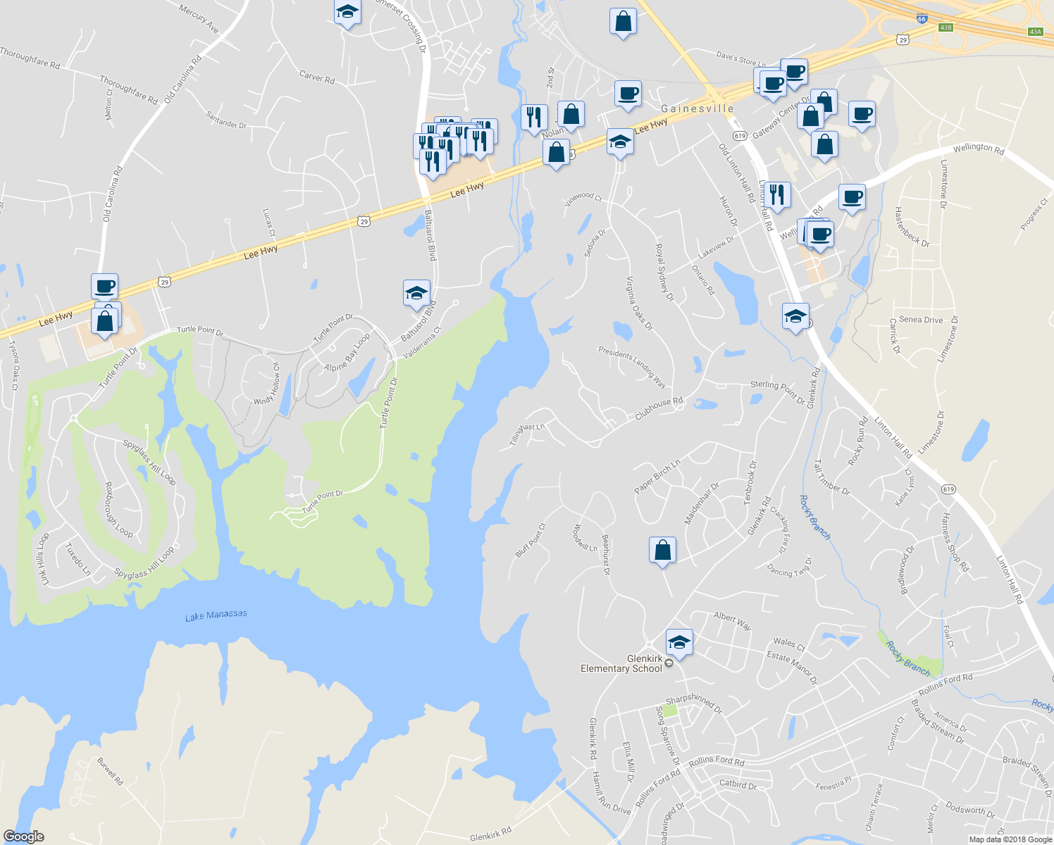 map of restaurants, bars, coffee shops, grocery stores, and more near 8160 Tillinghast Lane in Gainesville