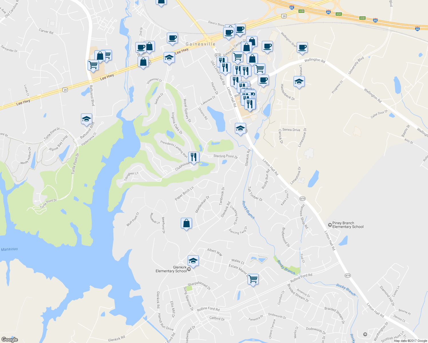 map of restaurants, bars, coffee shops, grocery stores, and more near 8158 Landfall Court in Gainesville