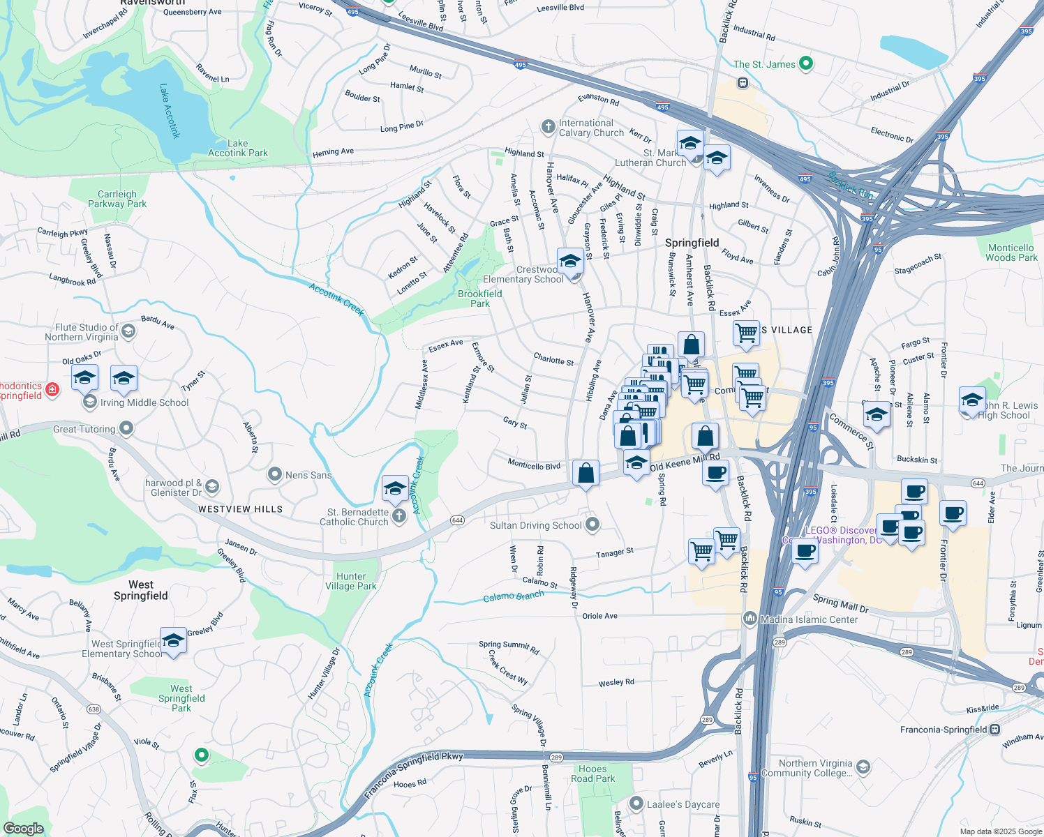 map of restaurants, bars, coffee shops, grocery stores, and more near 6303 Julian Street in Springfield