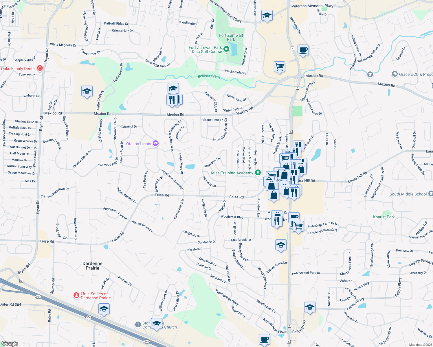 map of restaurants, bars, coffee shops, grocery stores, and more near 31 Camellia Drive in O'Fallon