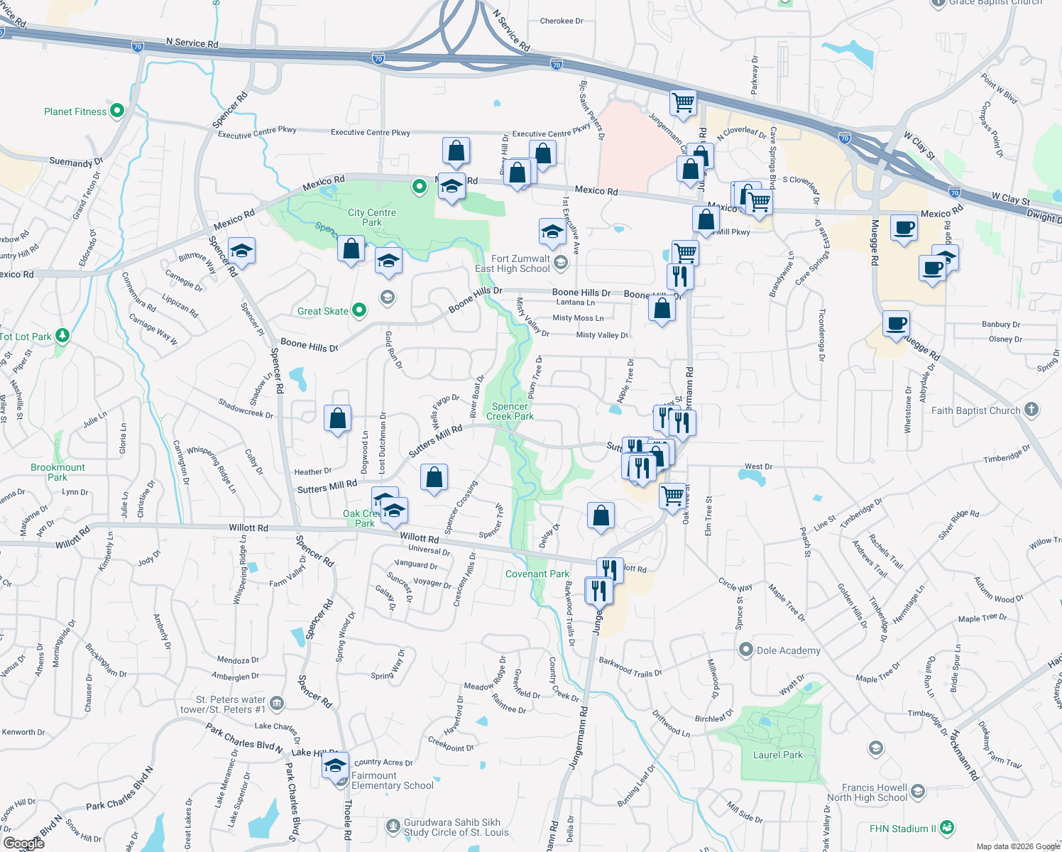 map of restaurants, bars, coffee shops, grocery stores, and more near 31 Mill Race Dr in St Peters