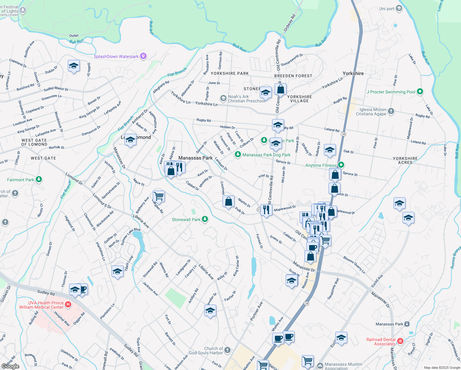 map of restaurants, bars, coffee shops, grocery stores, and more near 243 Manassas Drive in Manassas Park